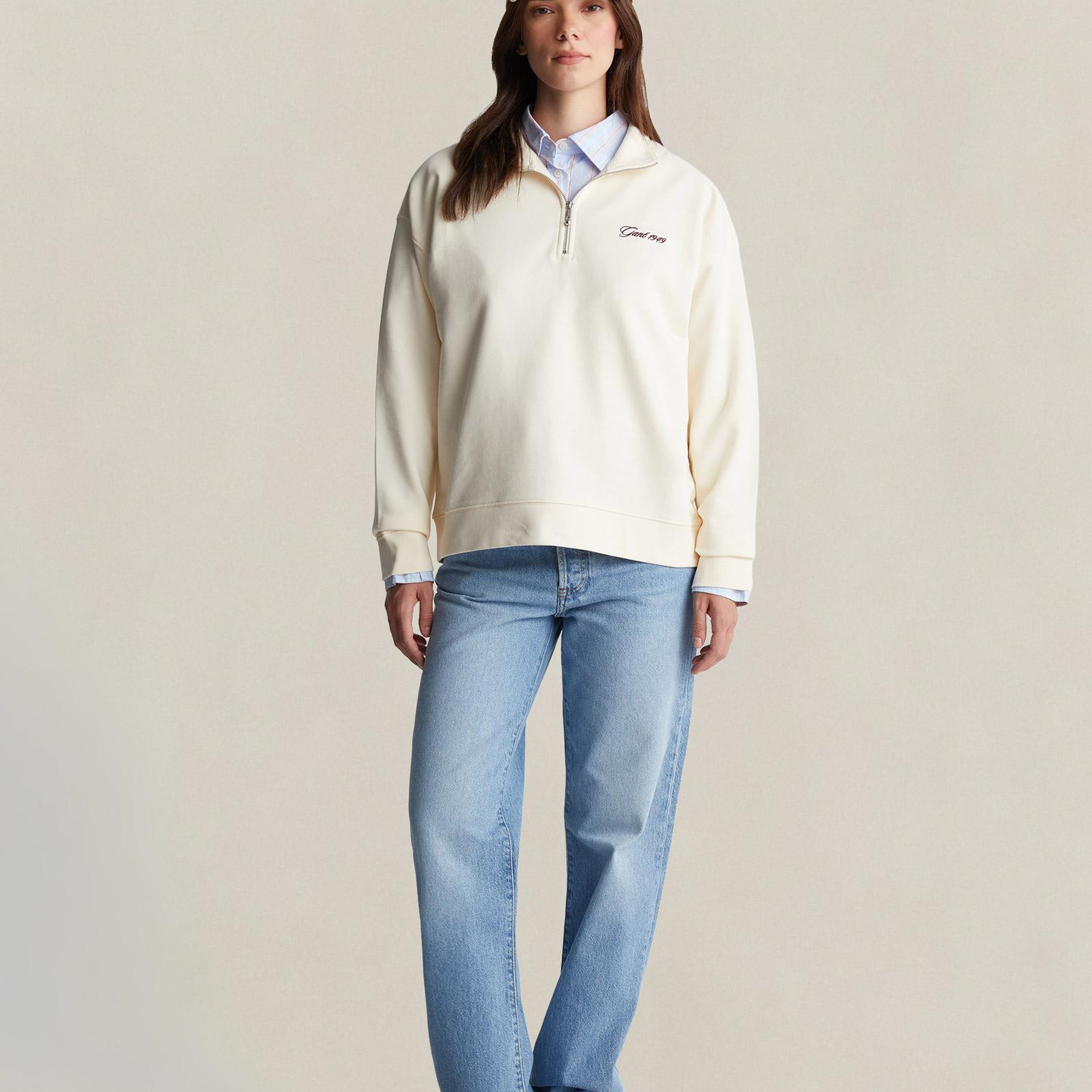 GANT Kadın Krem Yarım Fermuarlı Sweatshirt