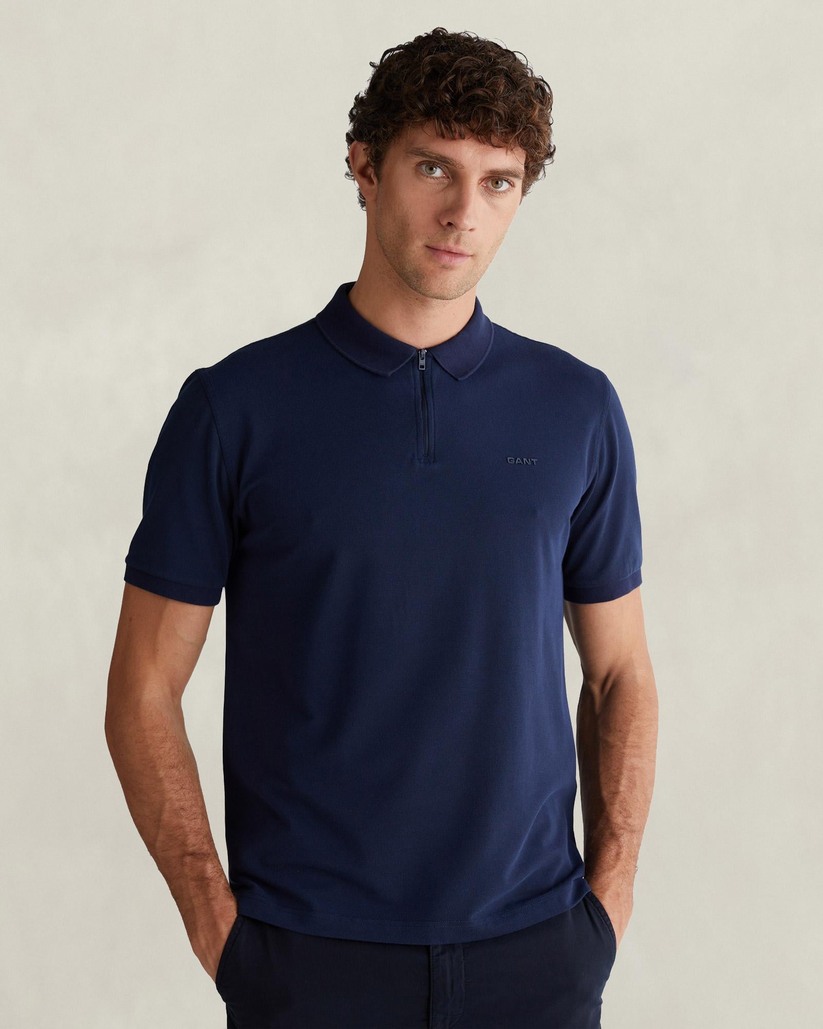 GANT Erkek Lacivert Regular Fit Yarım Fermuarlı Polo Yaka T-Shirt