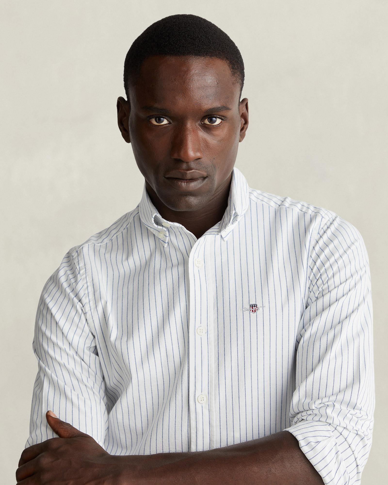 GANT Erkek Beyaz Slim Fit Çizgili Logolu Gömlek