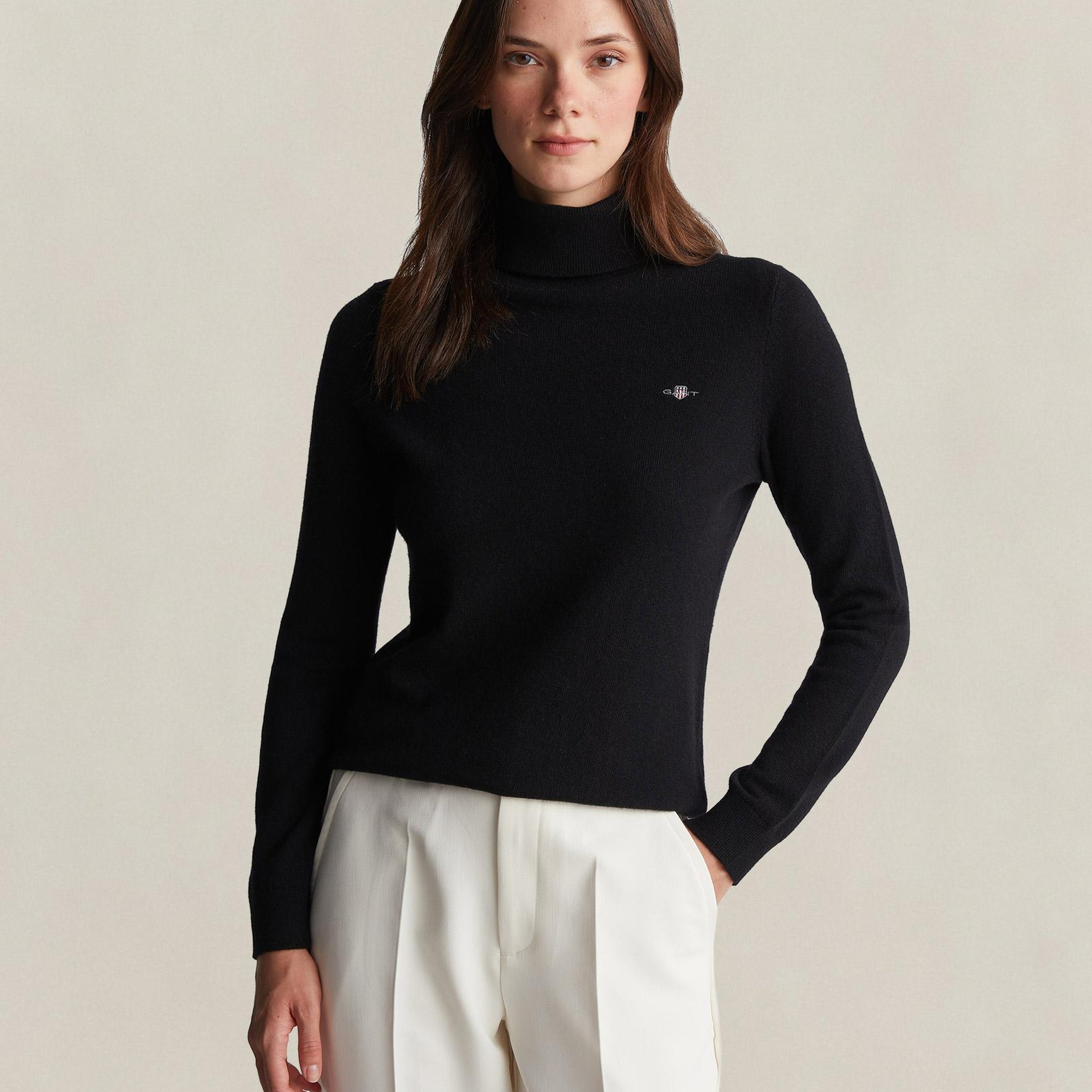 GANT Kadın Siyah Regular Fit Boğazlı Yaka Yün Kazak