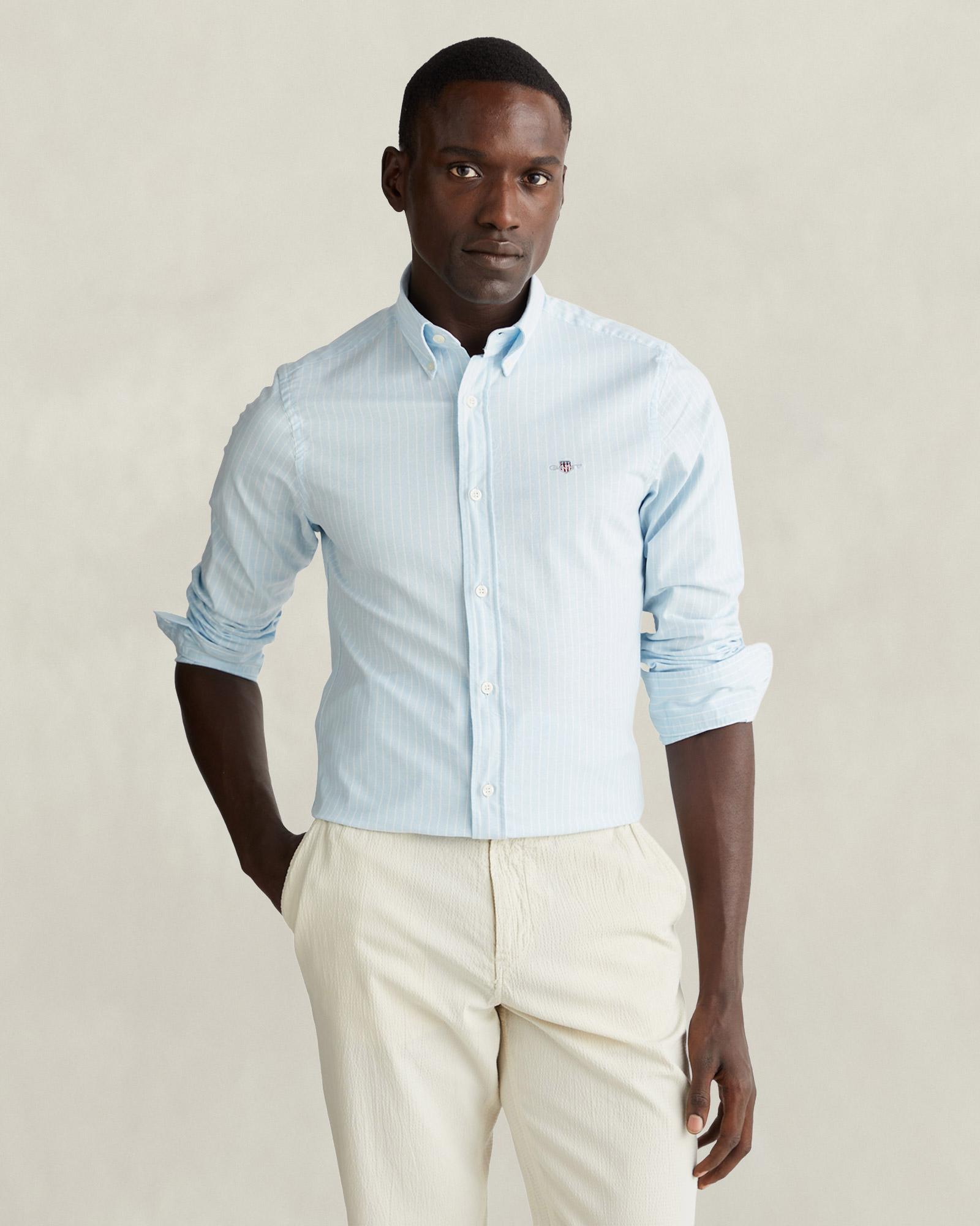 GANT Erkek Mavi Slim Fit Çizgili Logolu Gömlek