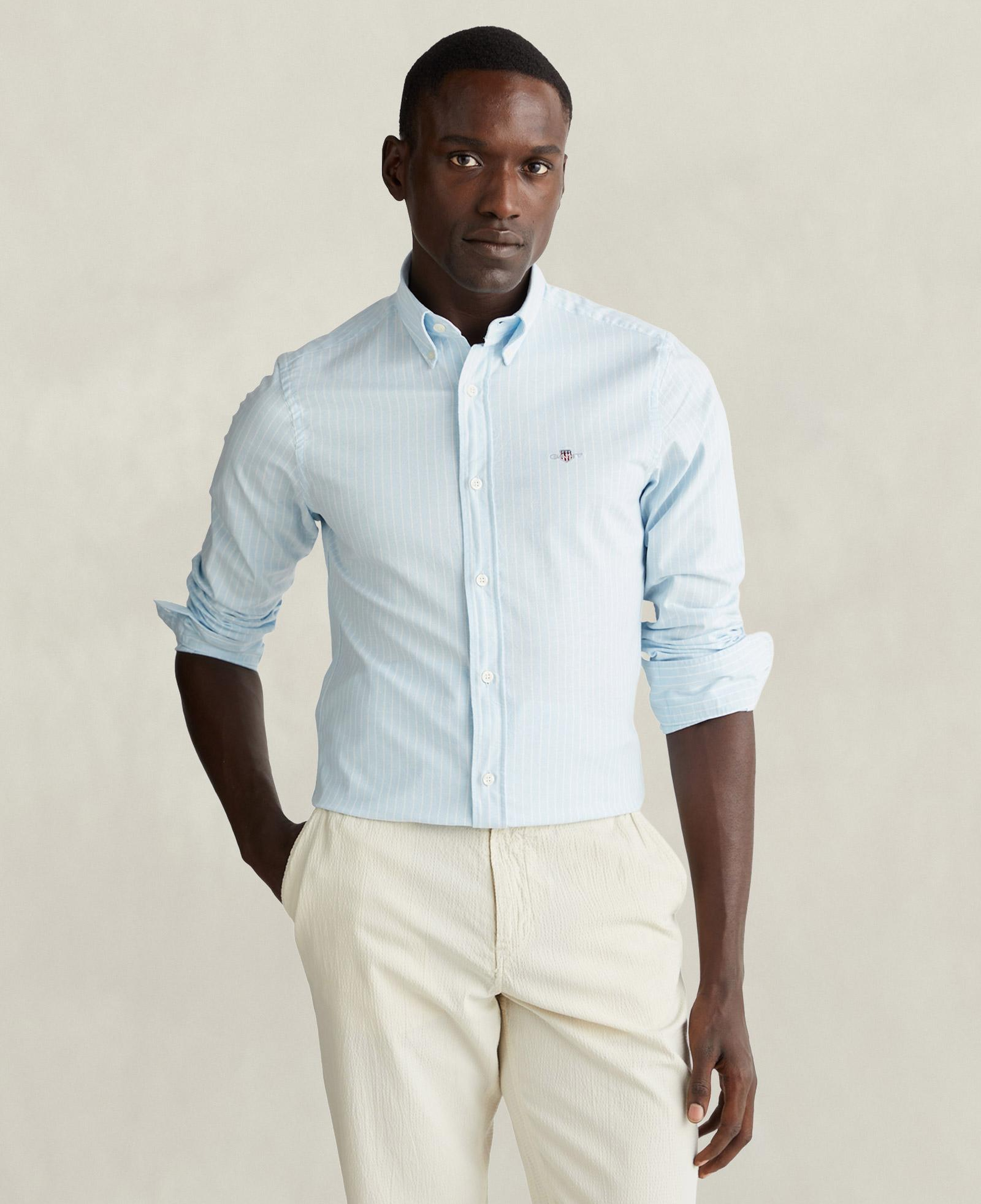 GANT Erkek Mavi Slim Fit Çizgili Logolu Gömlek