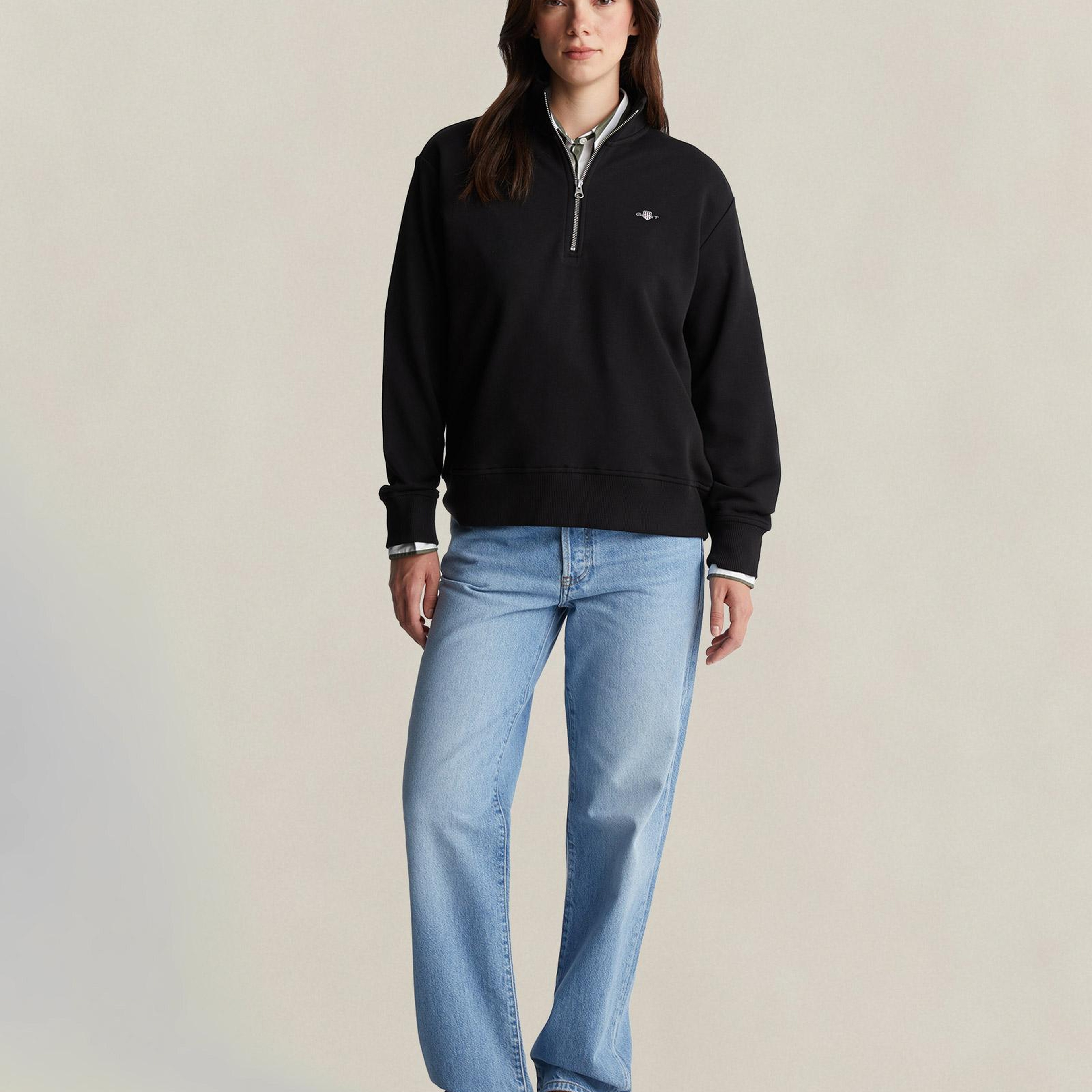 GANT Kadın Siyah Relaxed Fit Yarım Fermuarlı Sweatshirt
