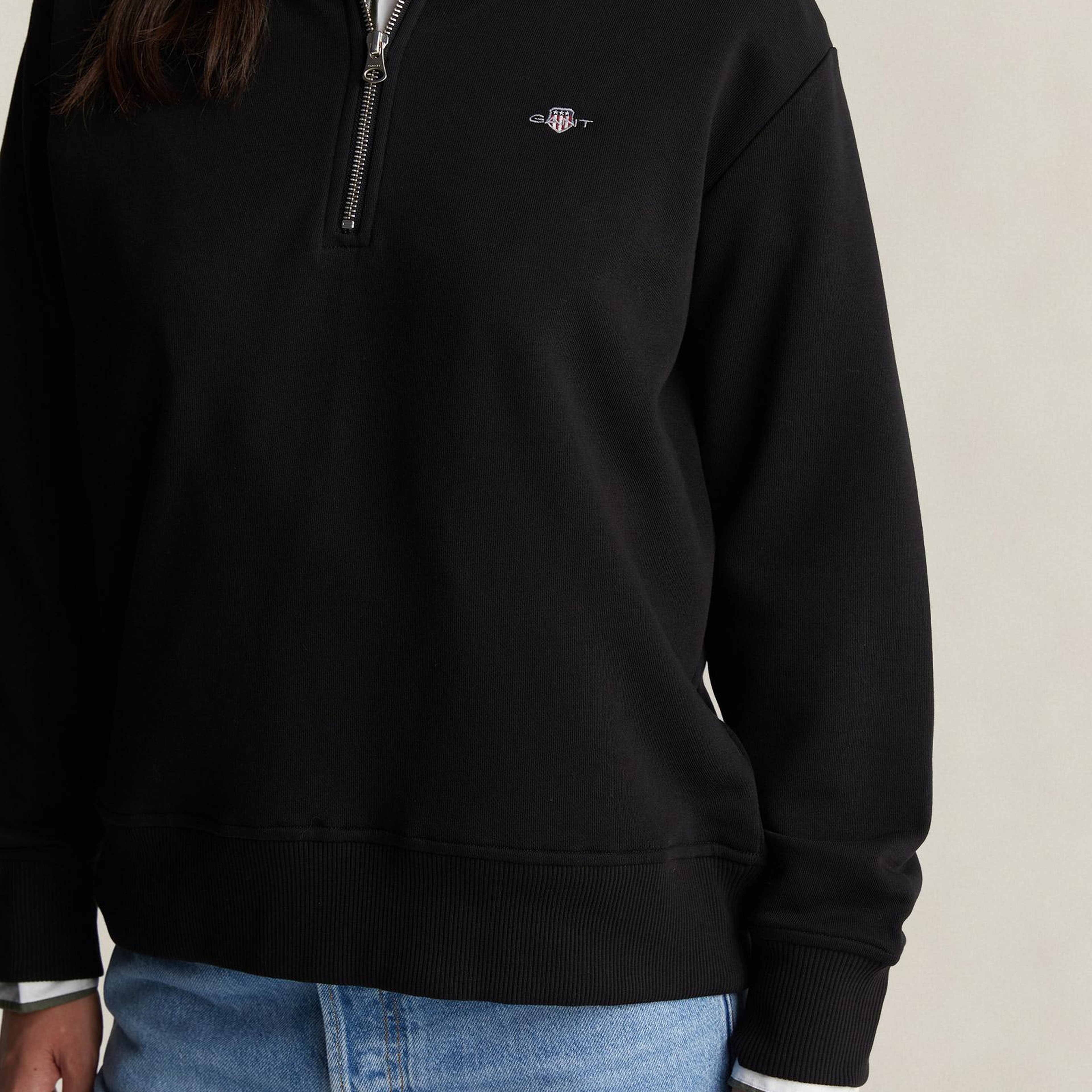GANT Kadın Siyah Relaxed Fit Yarım Fermuarlı Sweatshirt