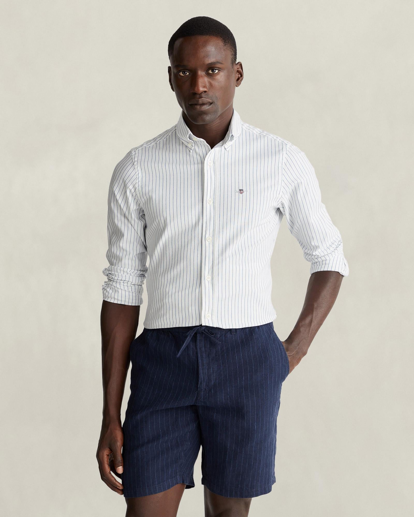 GANT Erkek Beyaz Slim Fit Çizgili Logolu Gömlek
