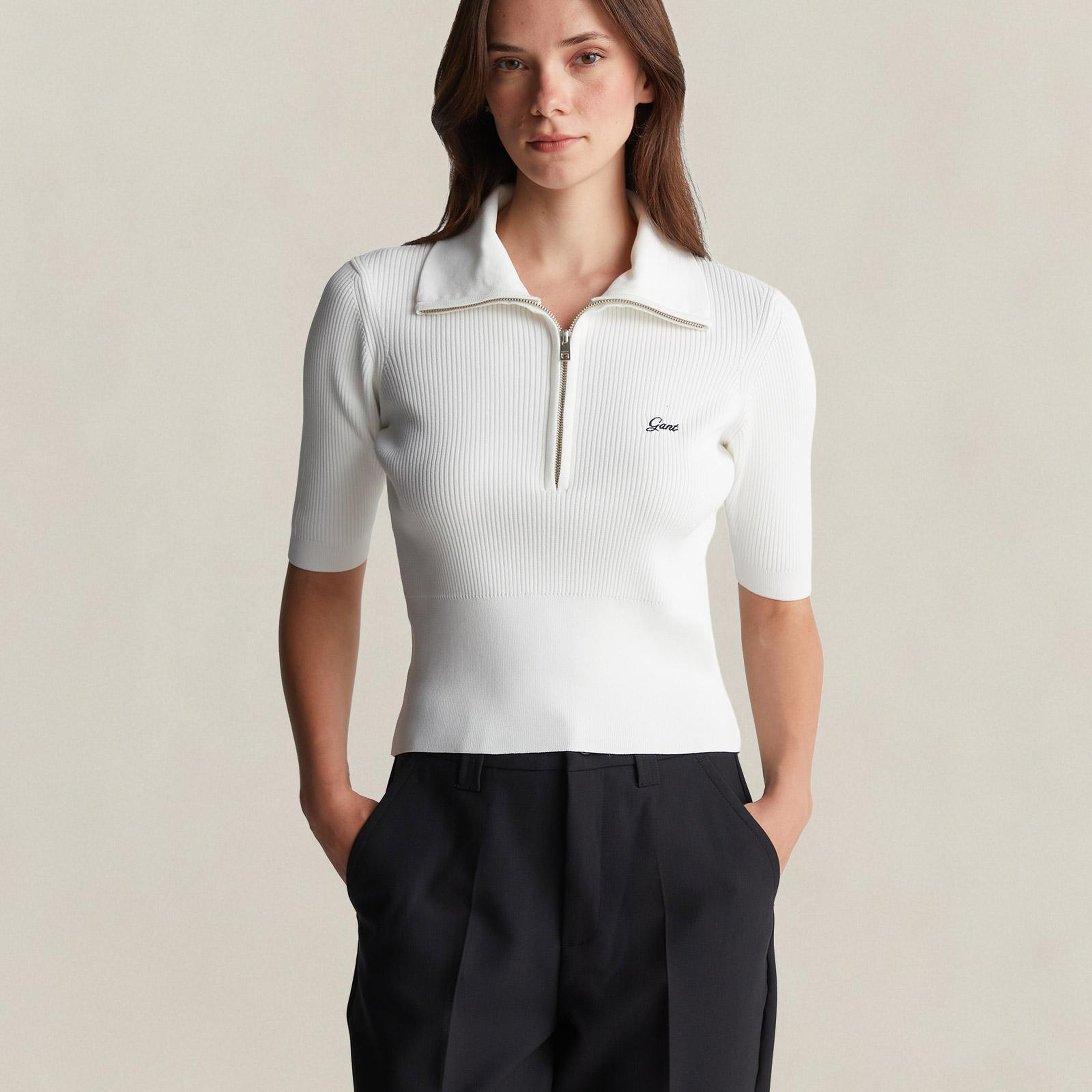 GANT Kadın Beyaz Slim Fit Yarım Kollu Triko