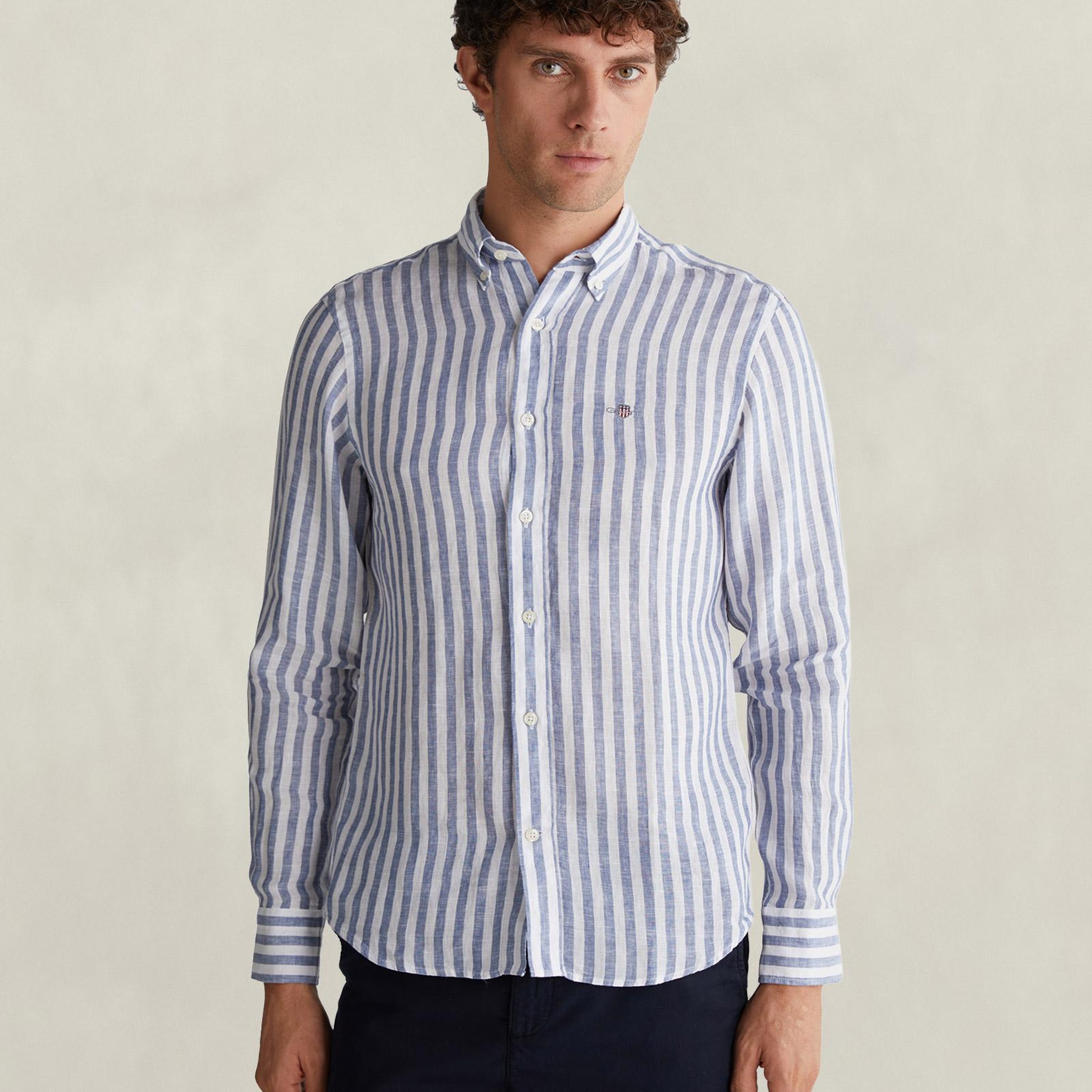 GANT Erkek Mavi Regular Fit Çizgili Logolu Gömlek