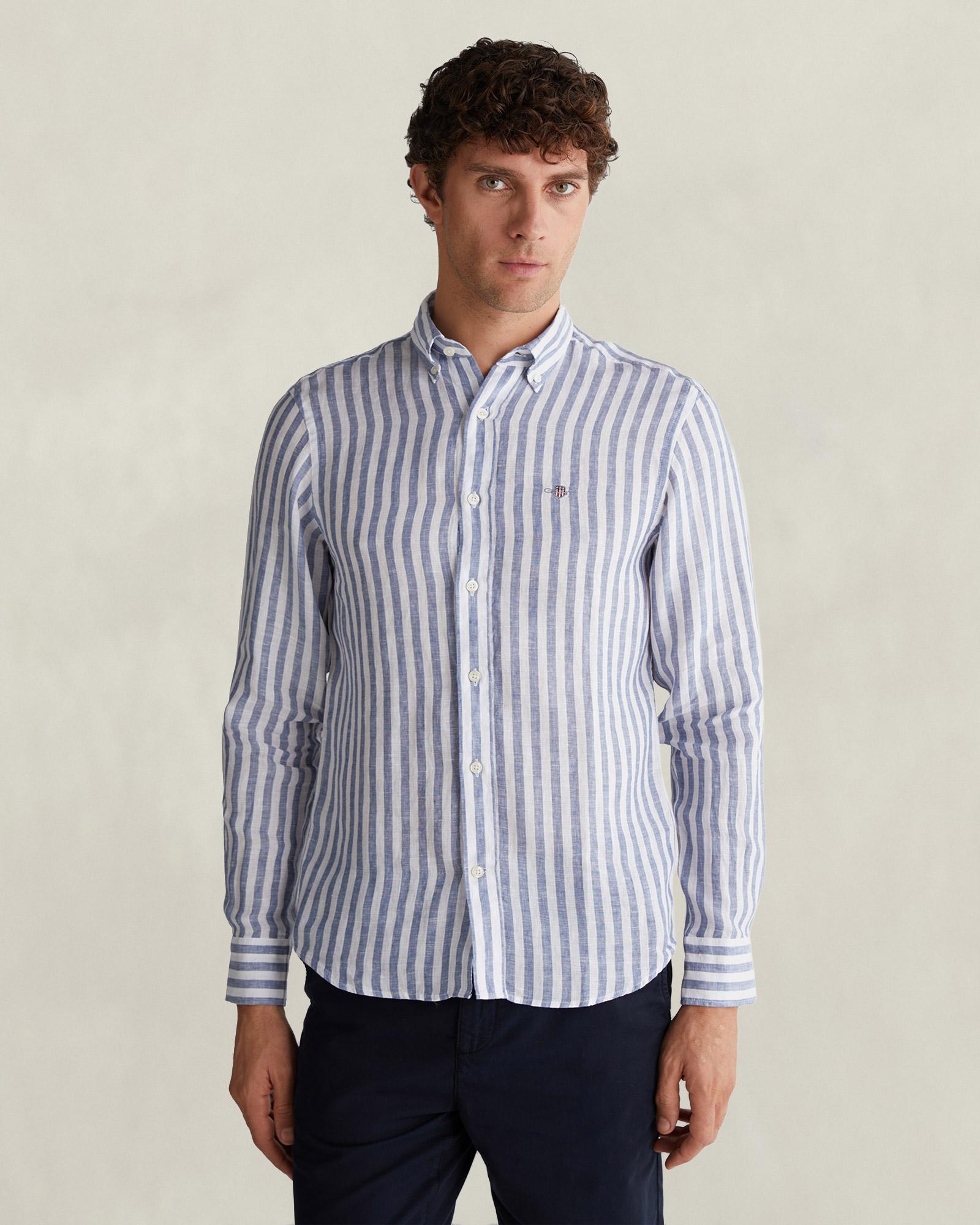GANT Erkek Mavi Regular Fit Çizgili Logolu Gömlek