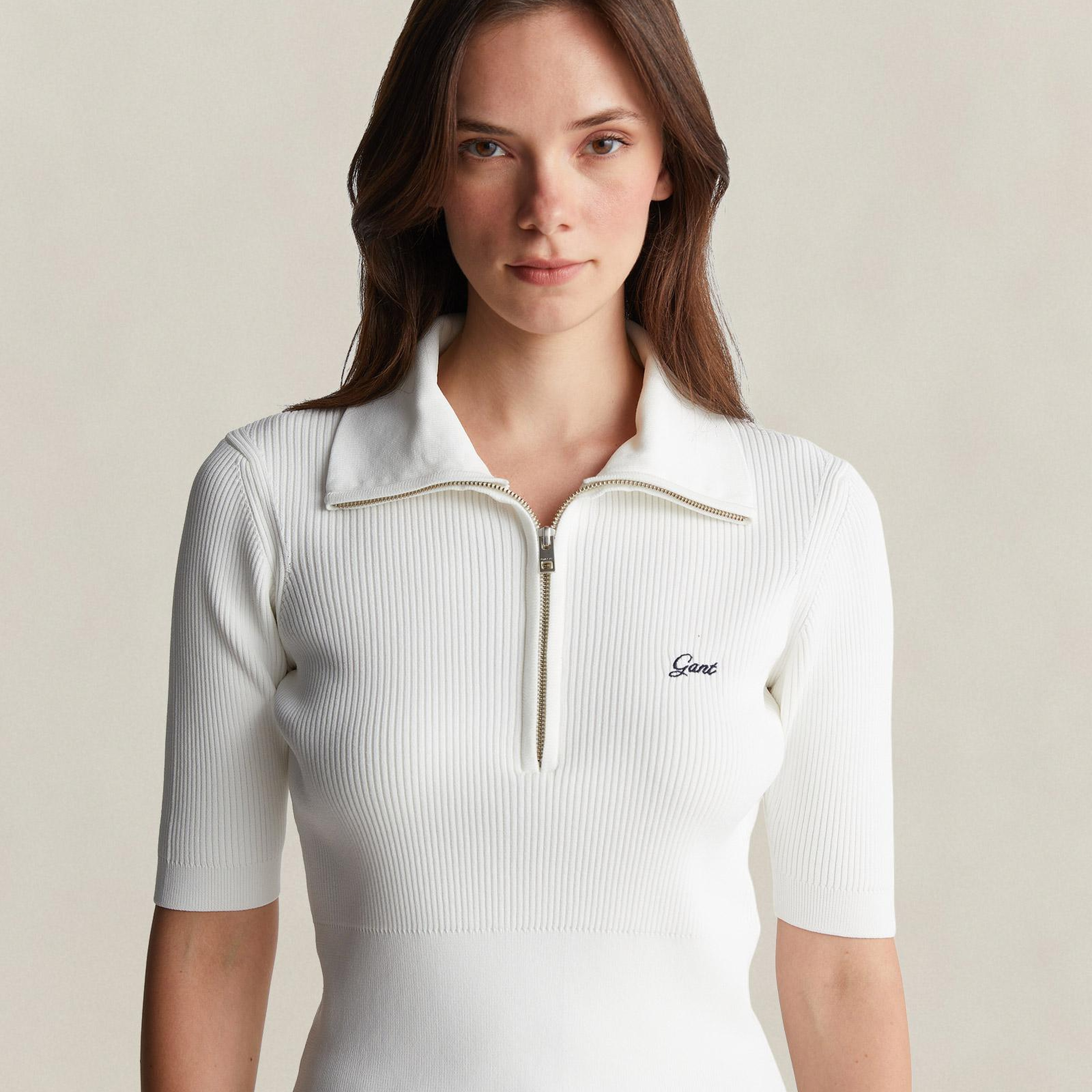 GANT Kadın Beyaz Slim Fit Yarım Kollu Triko