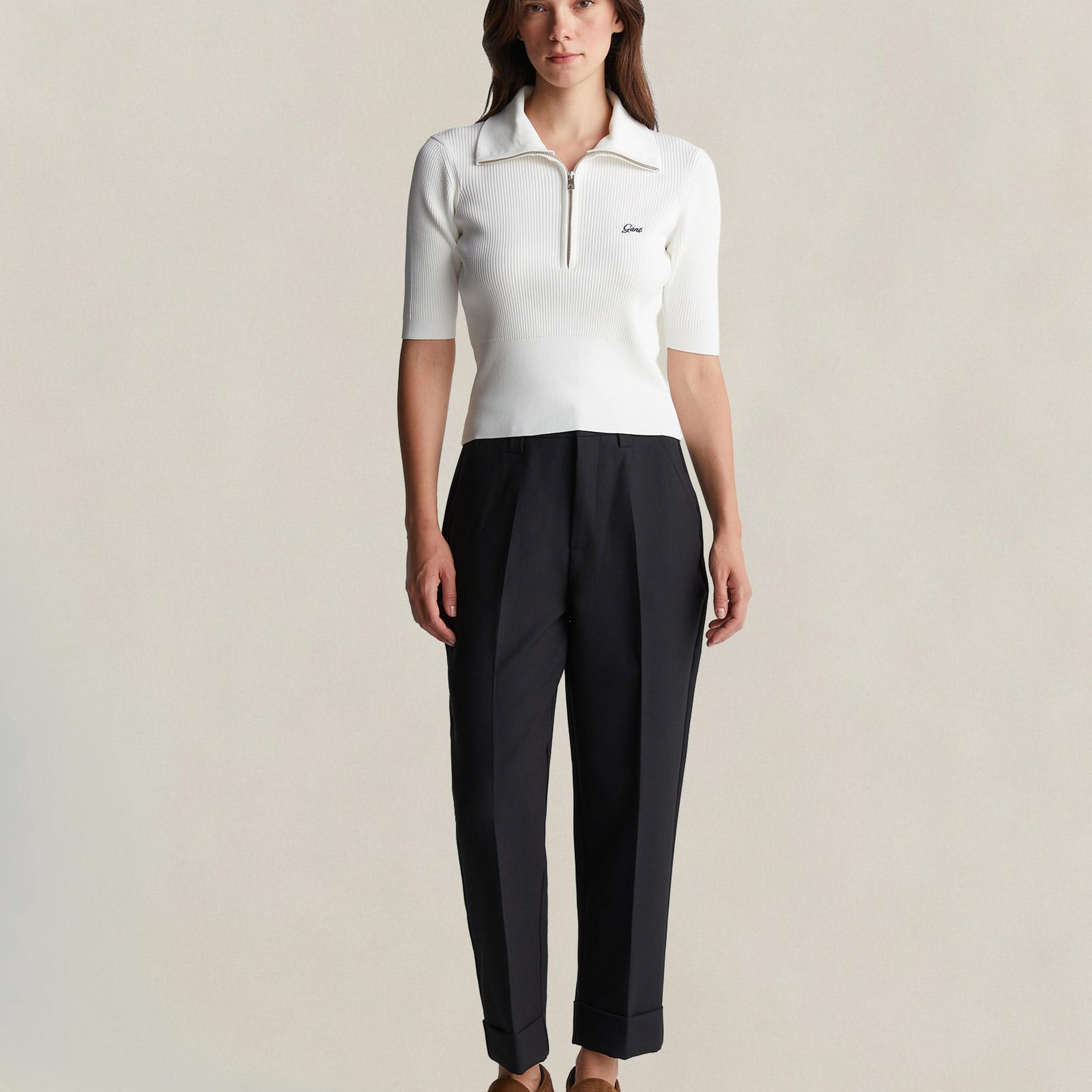 GANT Kadın Beyaz Slim Fit Yarım Kollu Triko