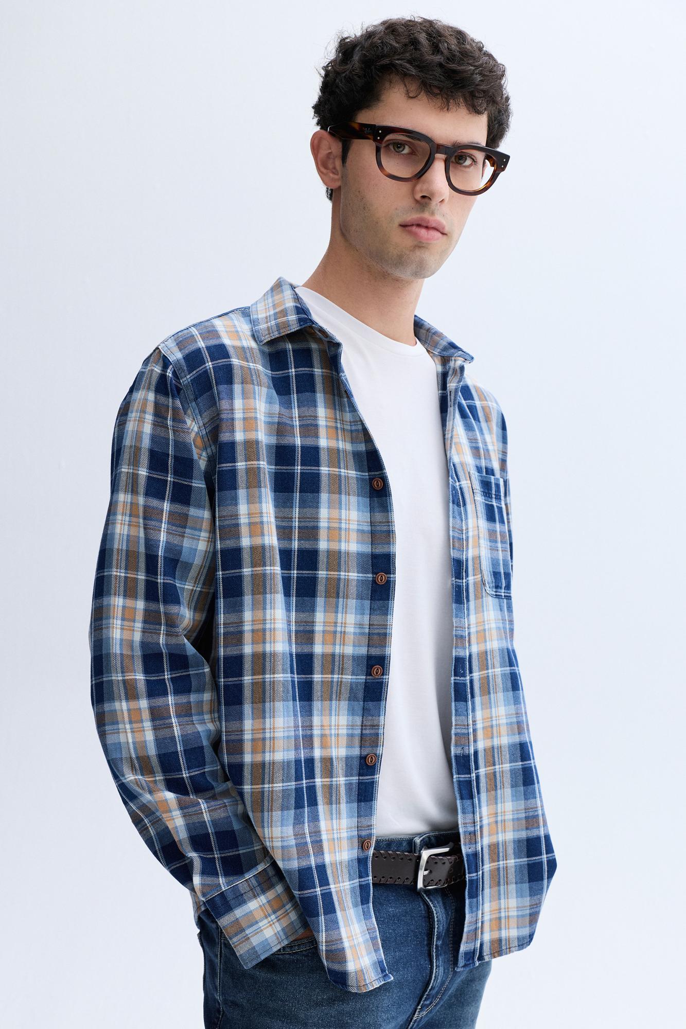 Erkek İndigo Regular Fit Ekoseli Uzun Kollu Gömlek
