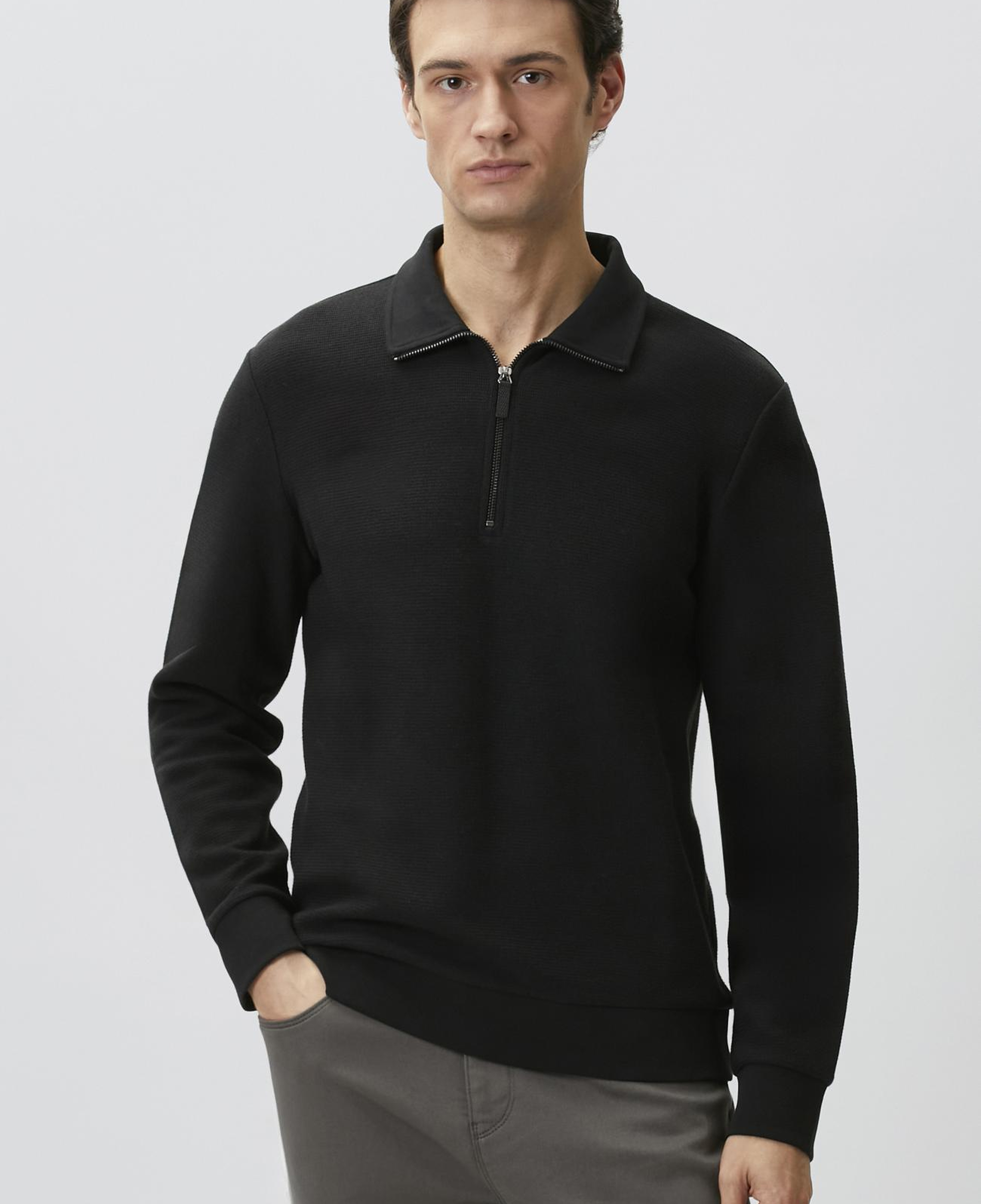 Network Erkek Siyah Polo Yaka Fermuarlı Sweatshirt