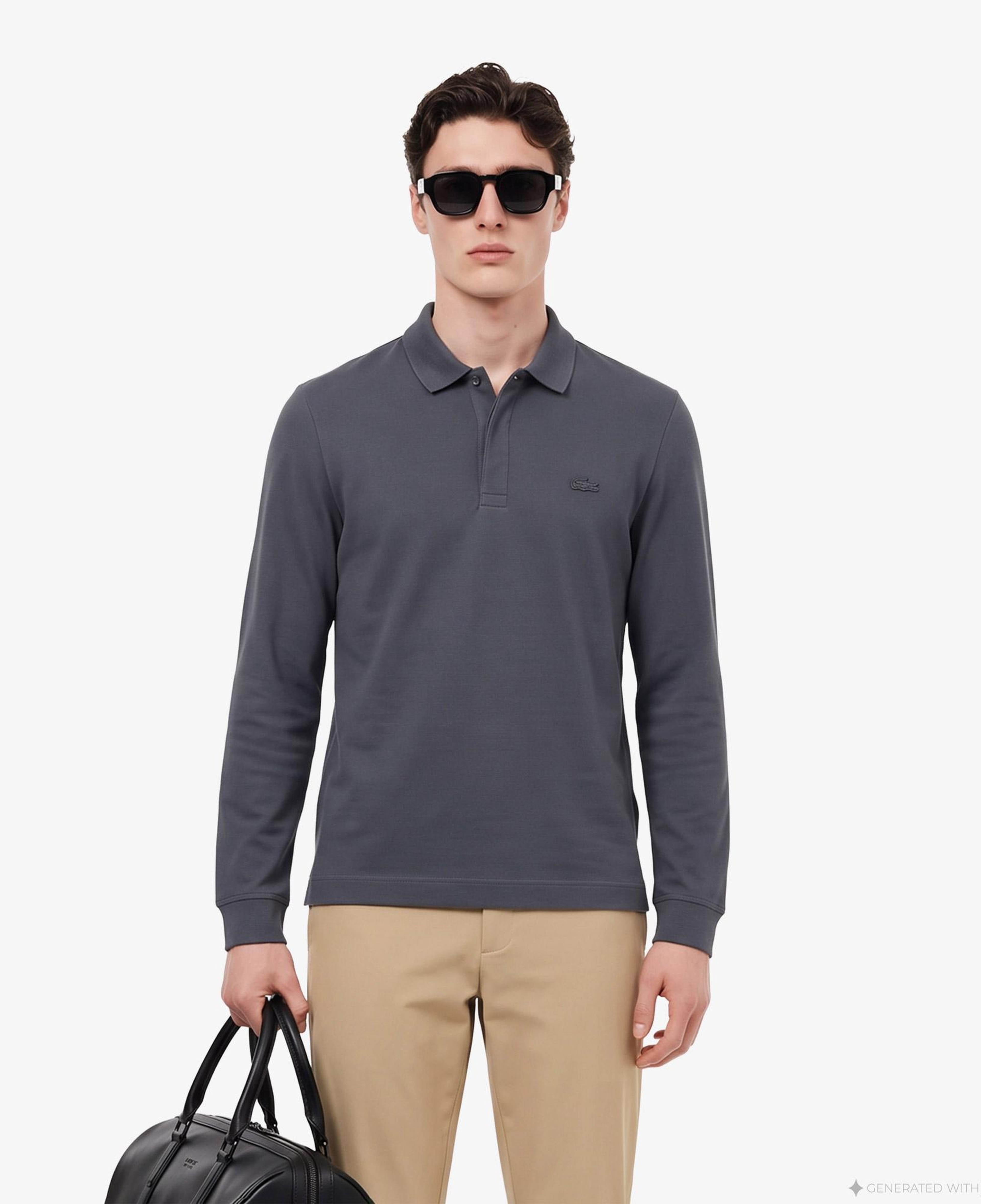 Erkek Regular Fit Uzun Kollu Koyu Gri Paris Polo