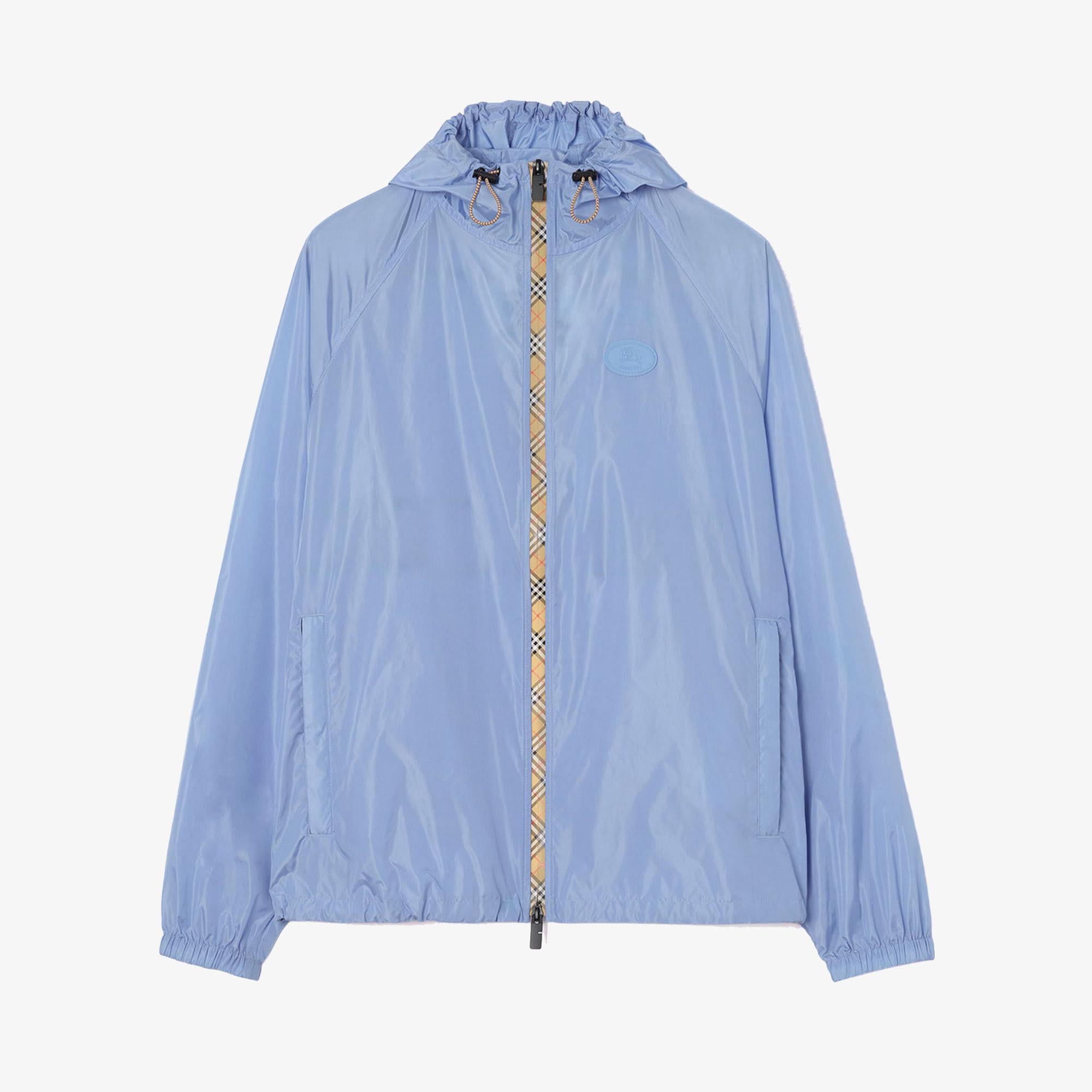 Burberry Checker-Tape Nylon Hooded Erkek Mavi Rüzgarlık