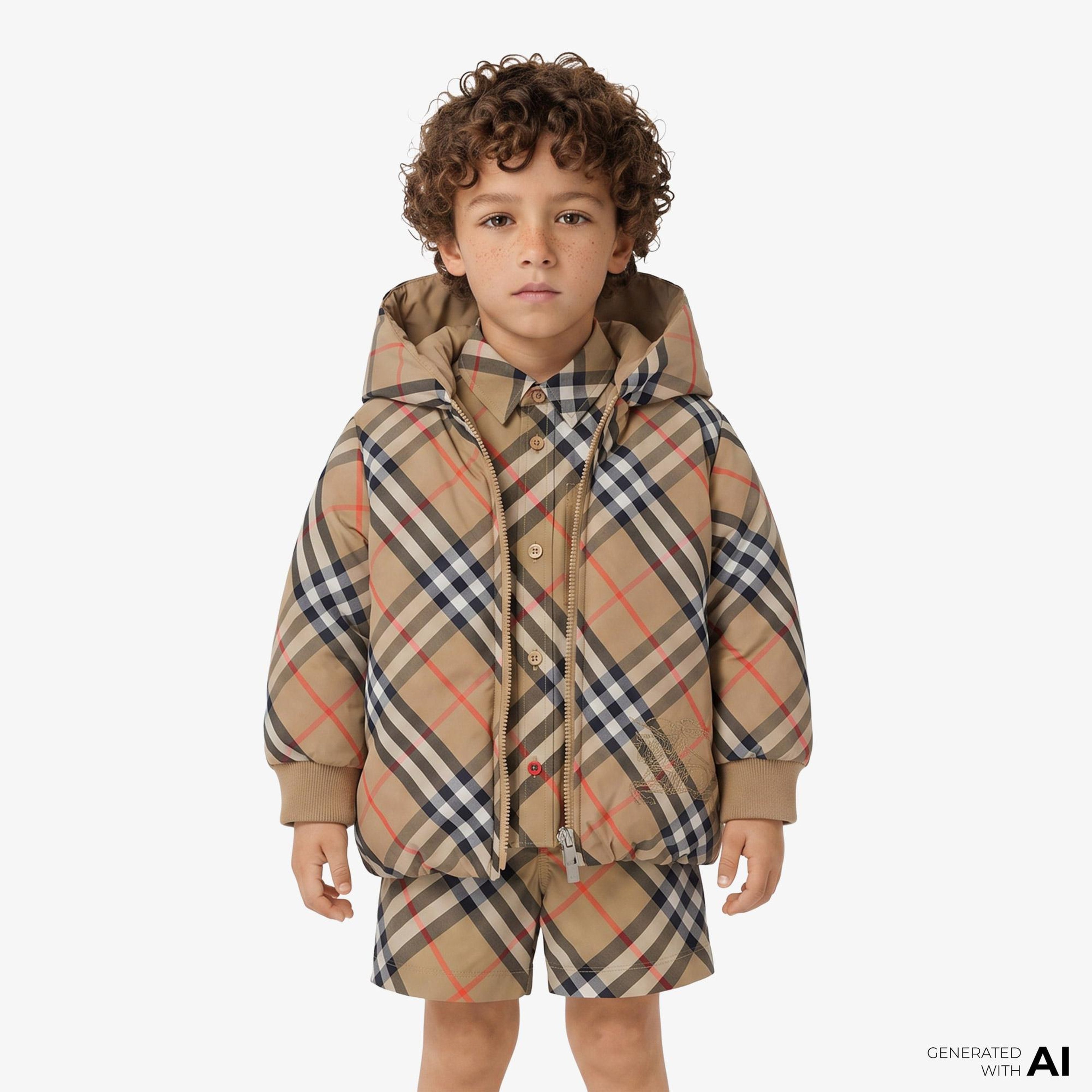 Burberry Reversible Check Nylon Puffer Çocuk Bej Mont