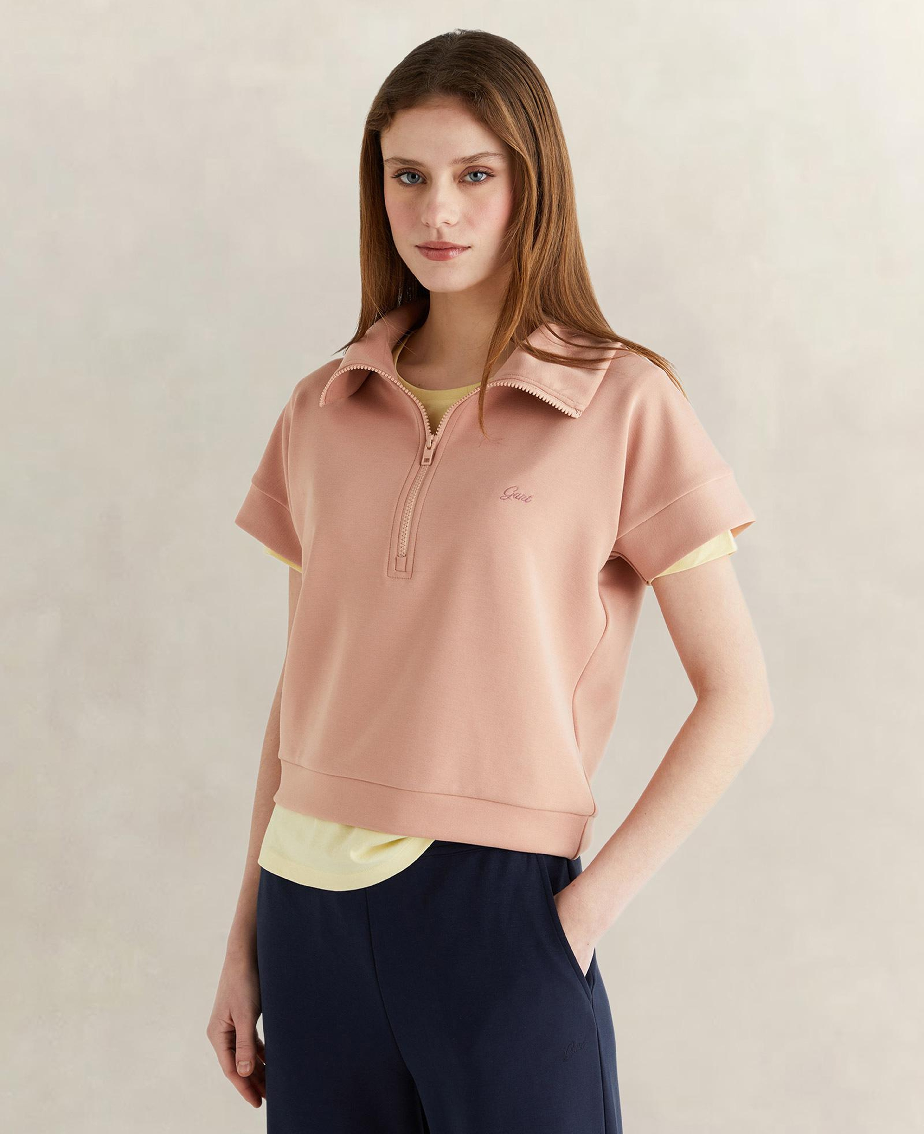 GANT Kadın Pembe Relaxed Fit Yarım Fermuarlı Kısa Kollu Sweatshirt