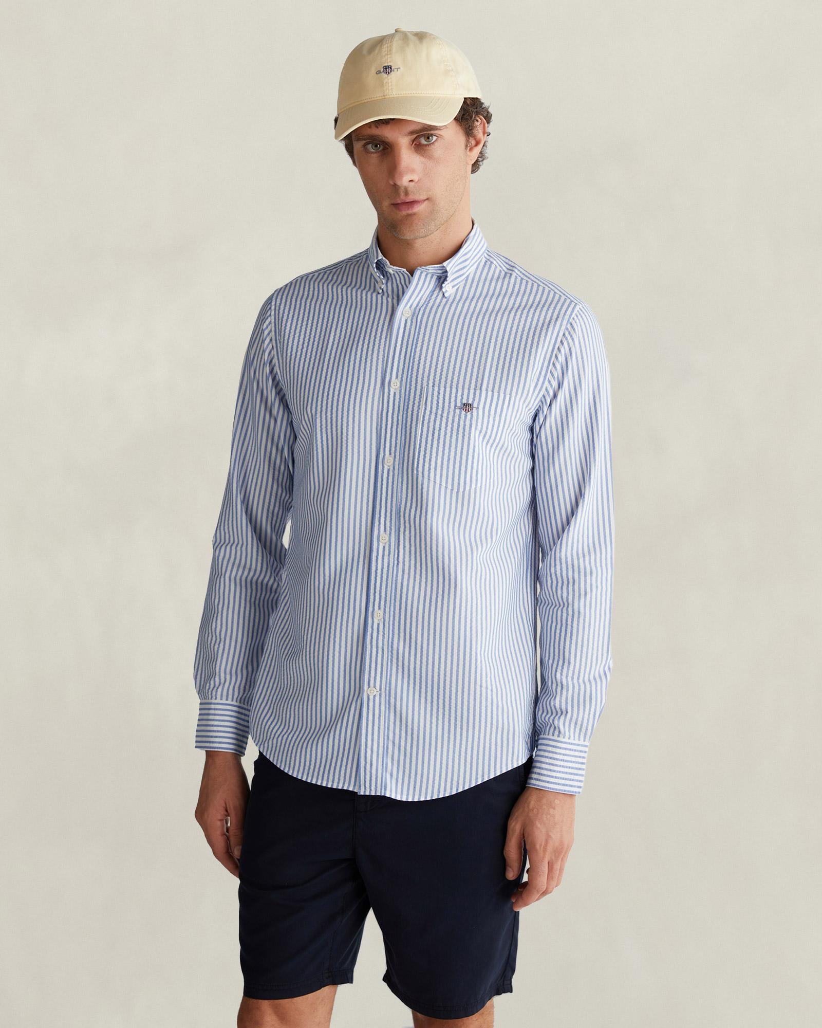 GANT Erkek Mavi Regular Fit Çizgili Logolu Gömlek