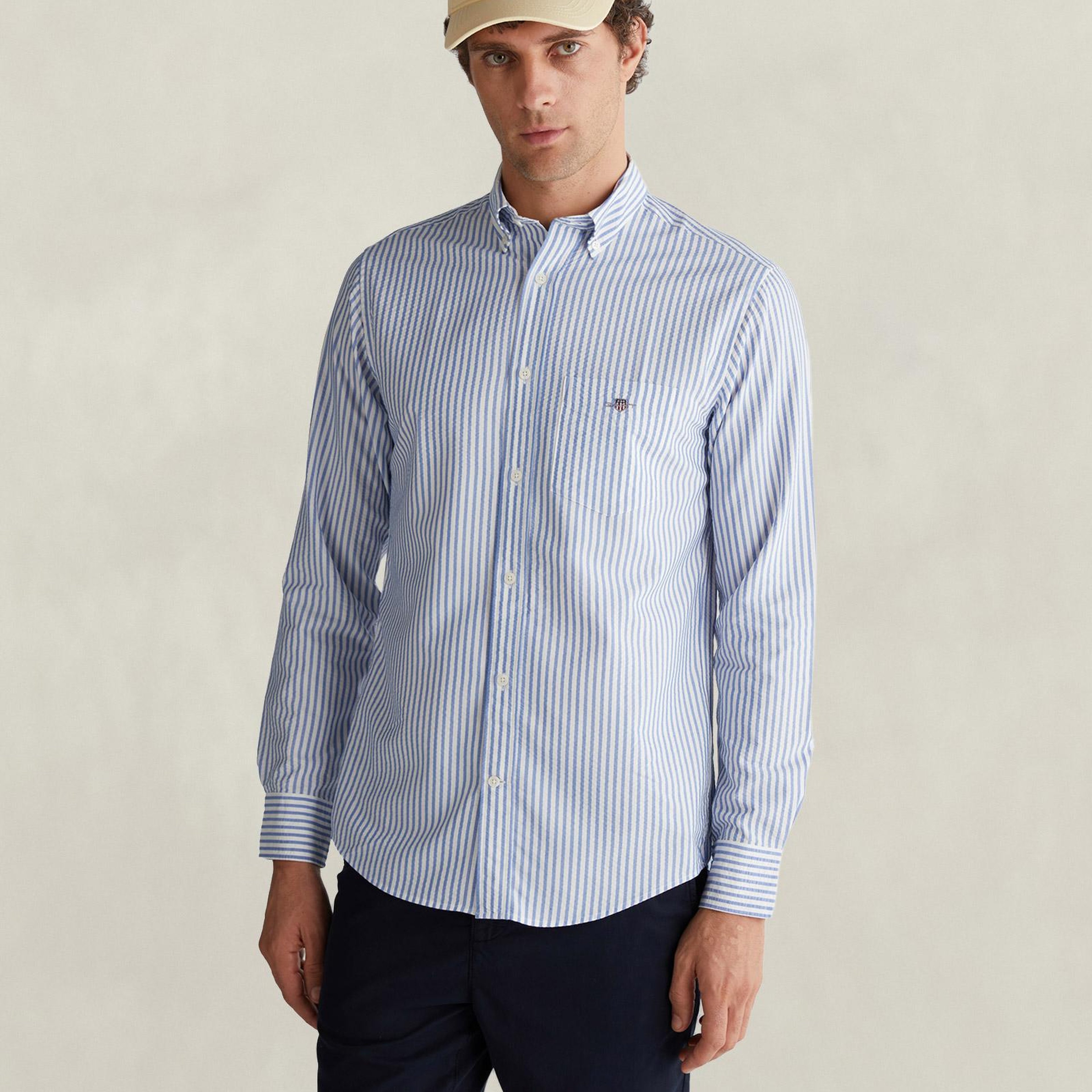 GANT Erkek Mavi Regular Fit Çizgili Logolu Gömlek