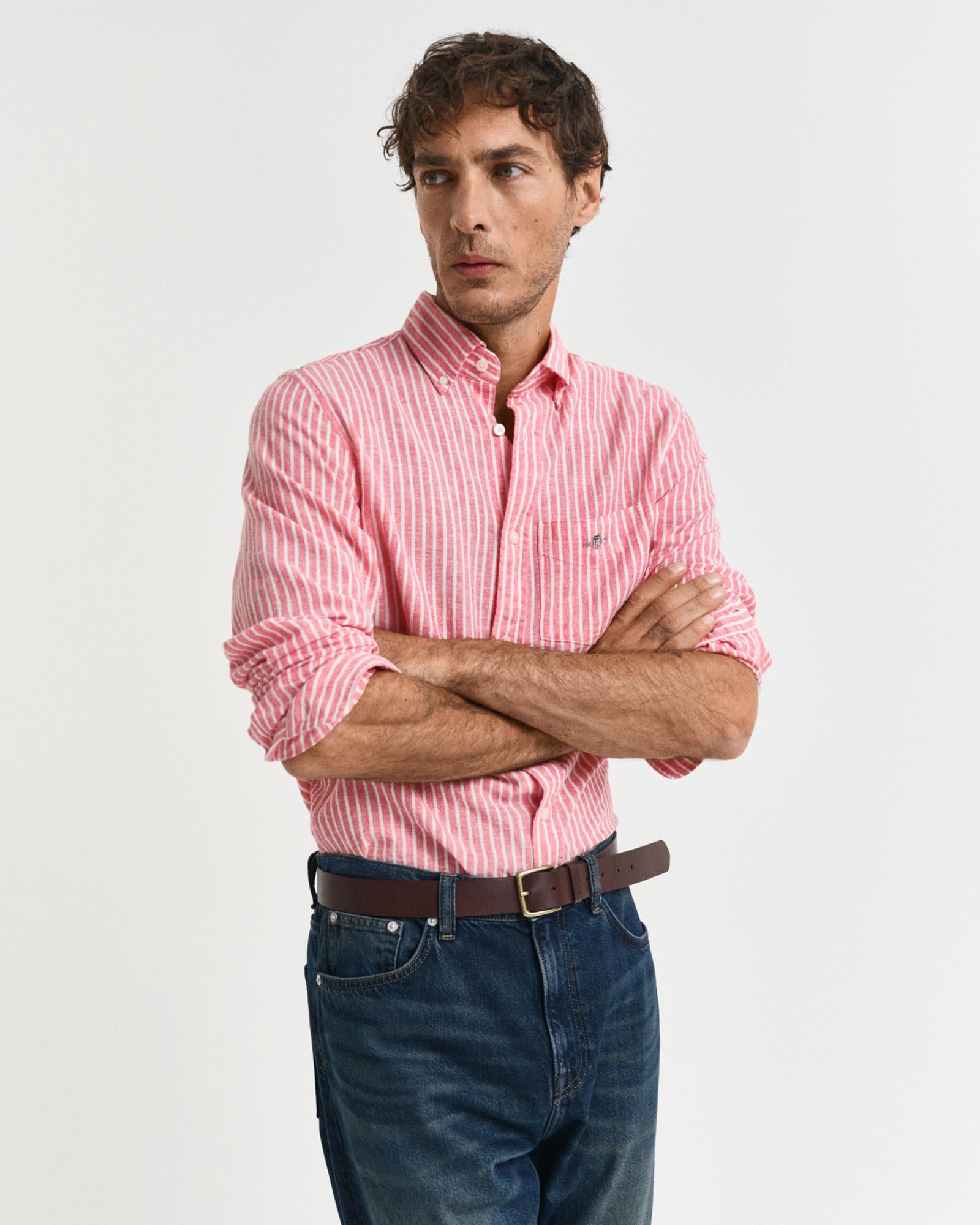 GANT Erkek Kırmızı Regular Fit Düğmeli Yaka Çizgili Keten Gömlek