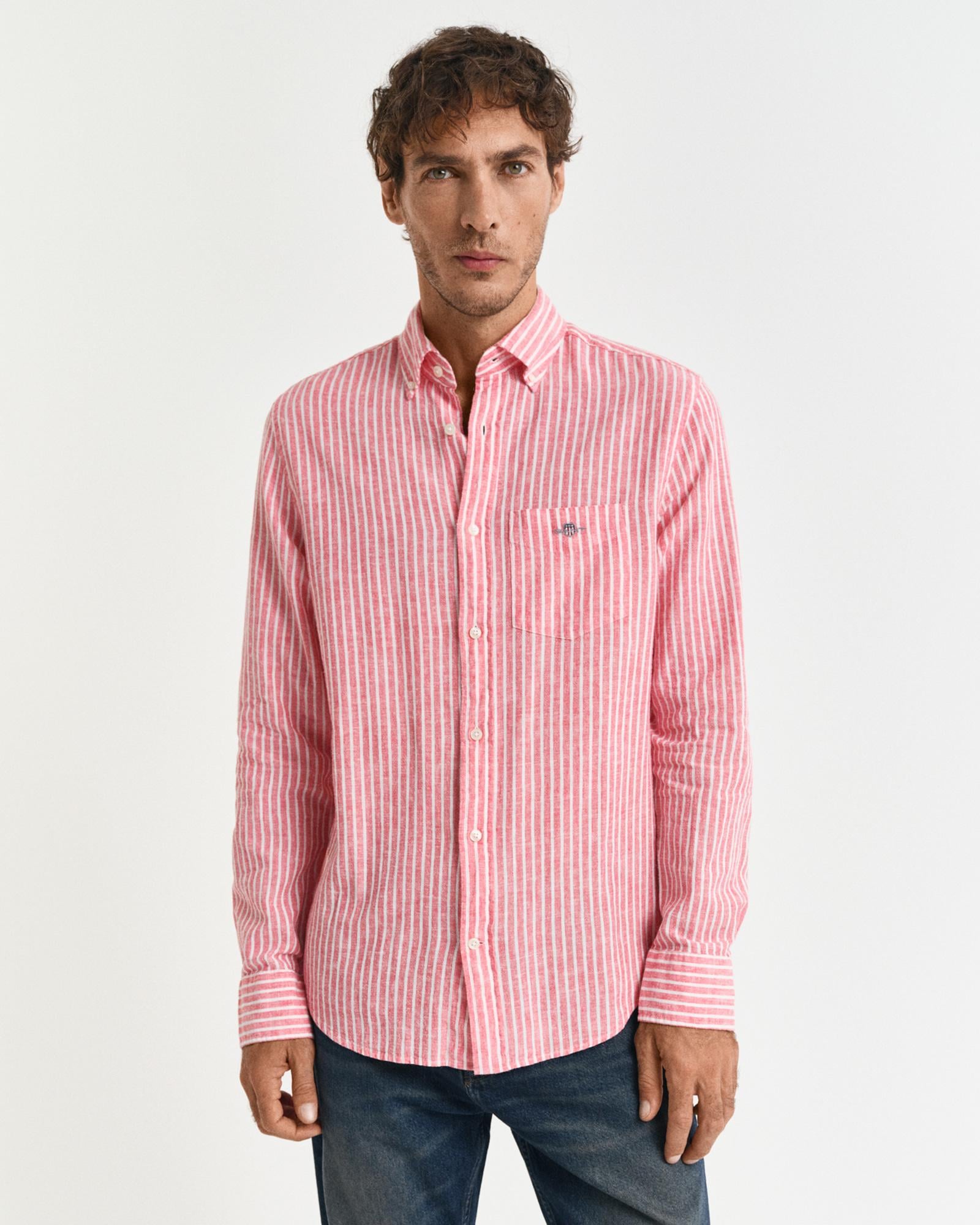 GANT Erkek Kırmızı Regular Fit Düğmeli Yaka Çizgili Keten Gömlek