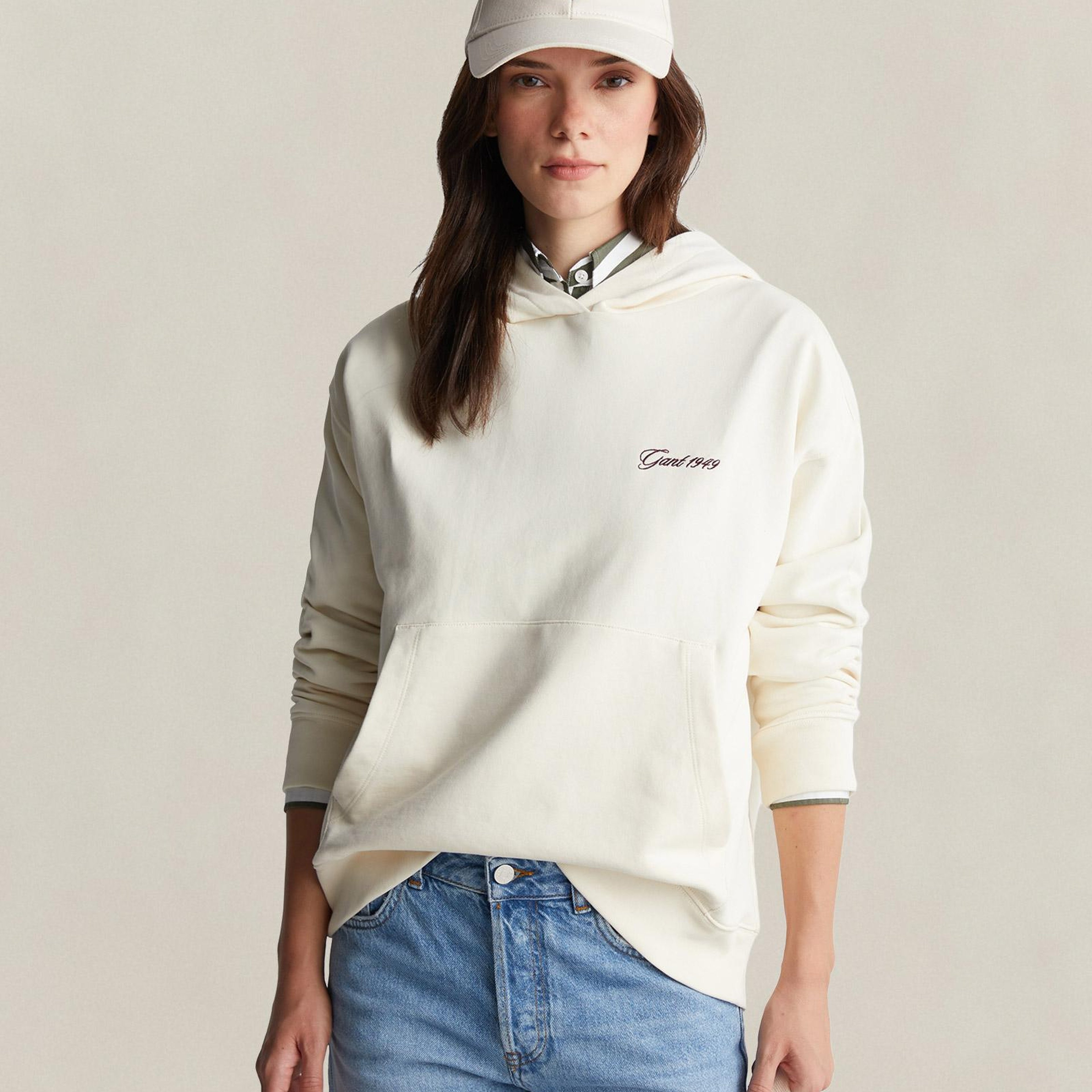 GANT Kadın Krem Regular Fit Kapüşonlu Sweatshirt
