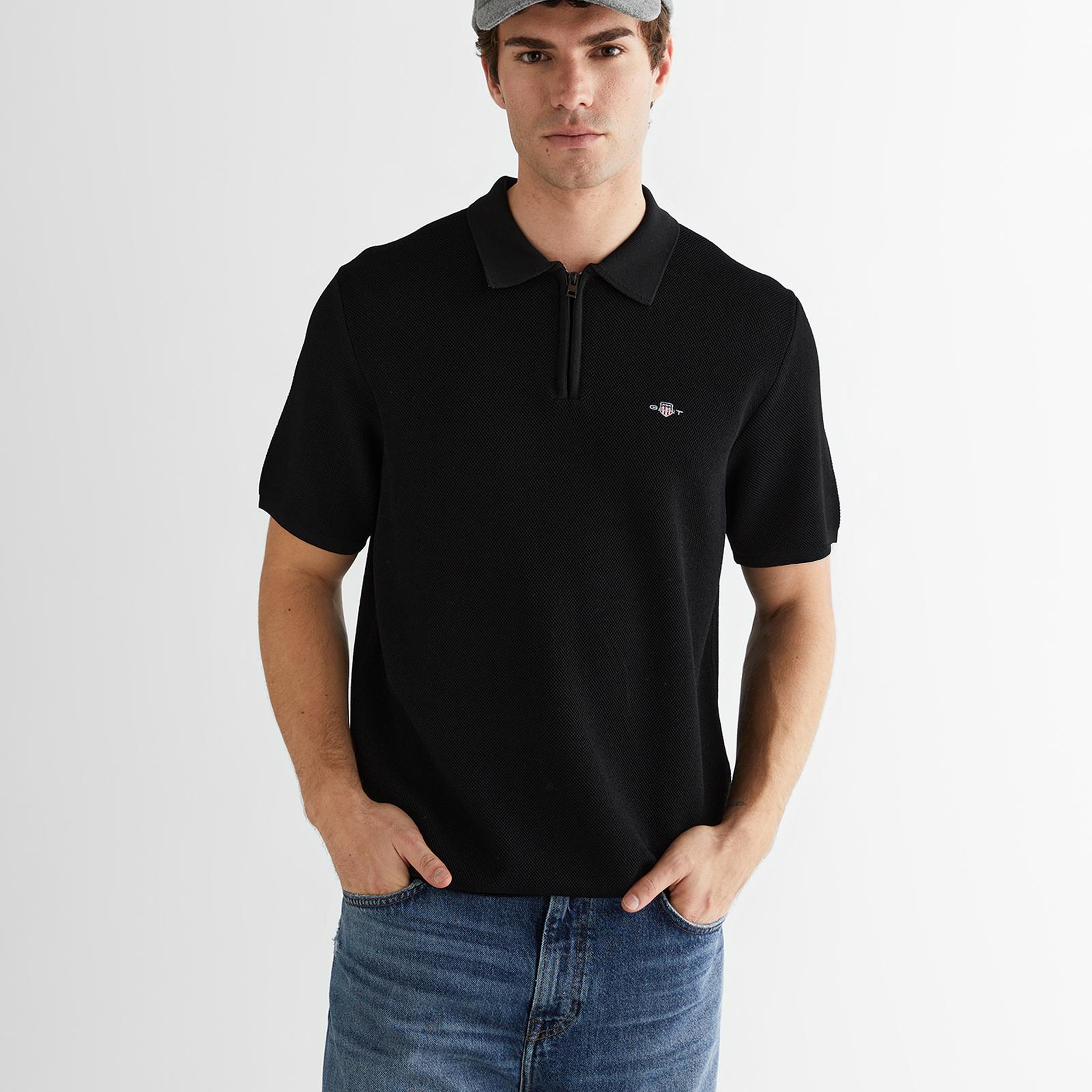 GANT Erkek Siyah Polo Fermuarlı Yaka Kısa Kollu Triko