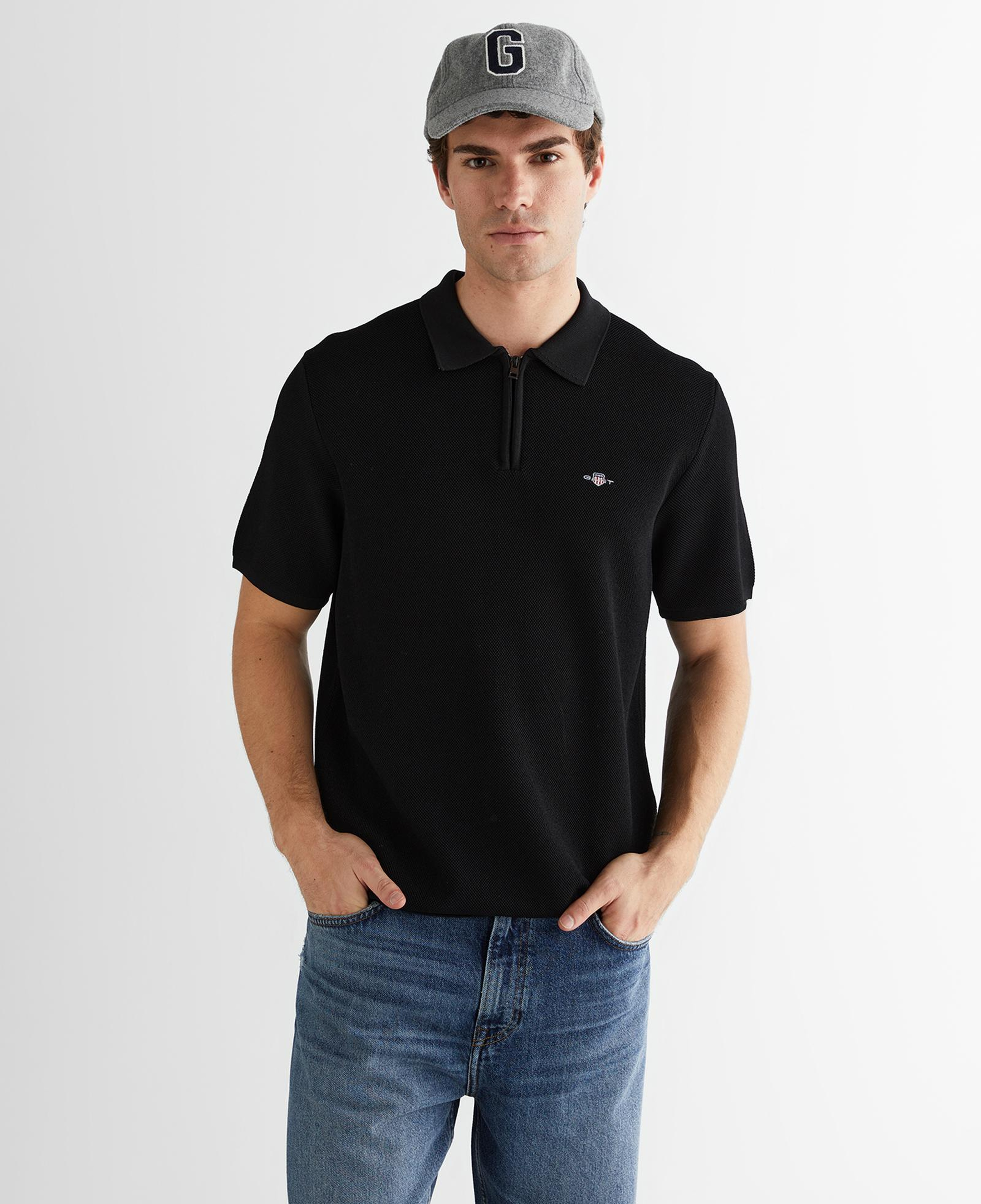 GANT Erkek Siyah Polo Fermuarlı Yaka Kısa Kollu Triko