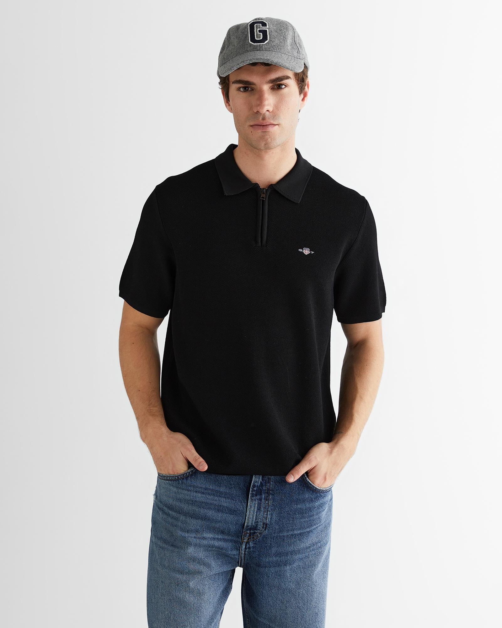 GANT Erkek Siyah Polo Fermuarlı Yaka Kısa Kollu Triko