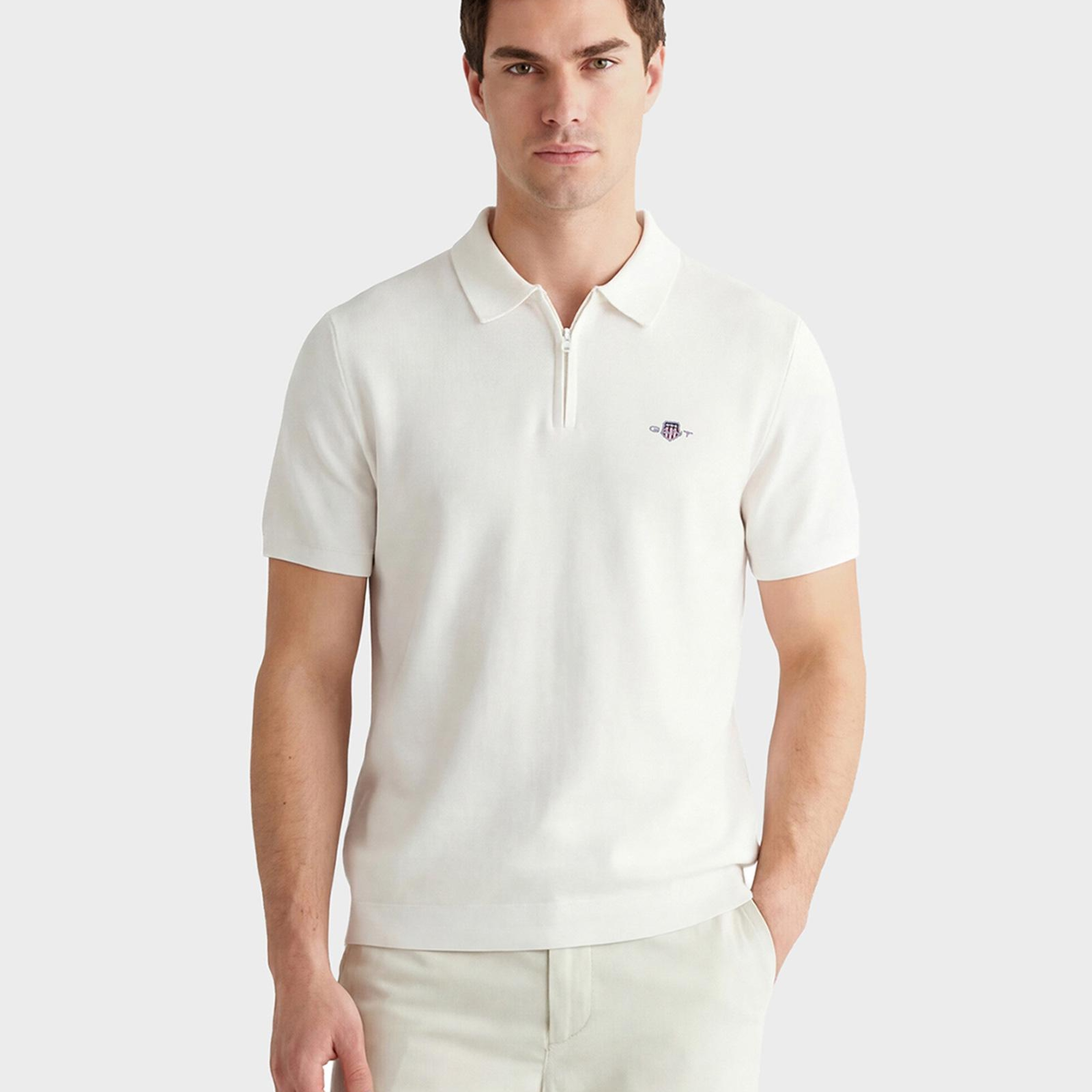 GANT Erkek Beyaz Polo Fermuarlı Yaka Kısa Kollu Triko