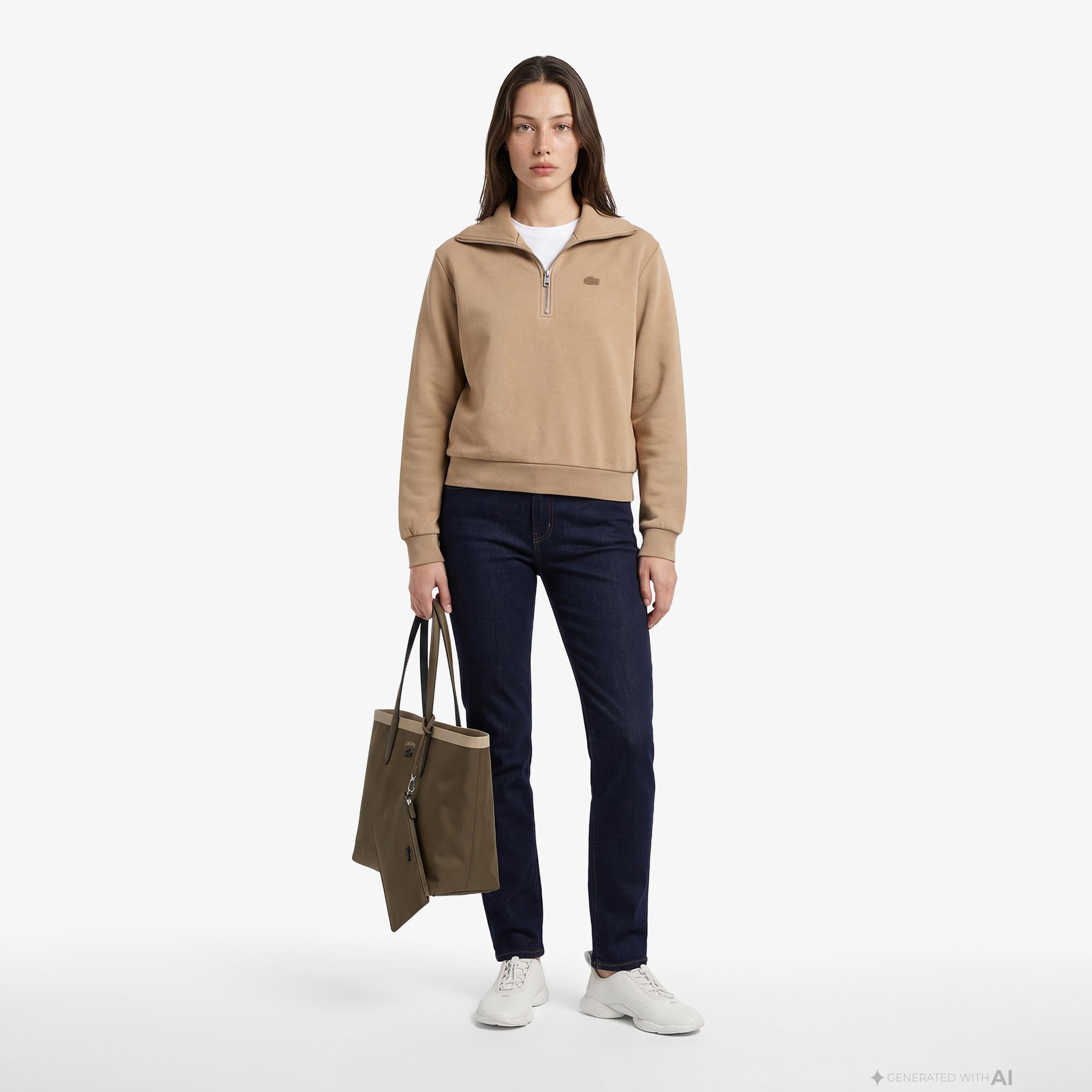 Kadın Relaxed Fit Yarım Fermuarlı Bej Sweatshirt