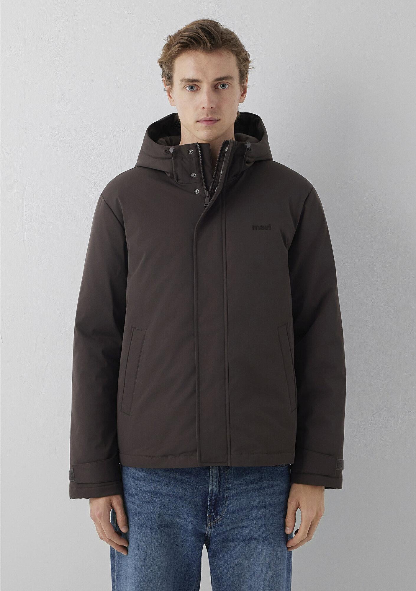 Mavi Kapüşonlu Kahverengi Şişme Mont Loose Fit / Bol Rahat Kesim 0110833-70219