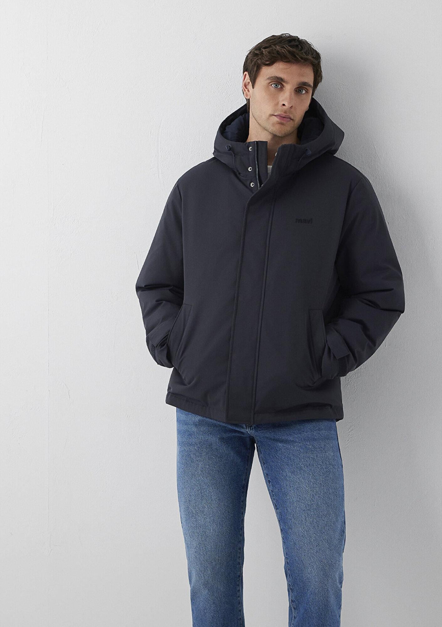 Mavi Kapüşonlu Lacivert Şişme Mont Loose Fit / Bol Rahat Kesim 0110833-91564