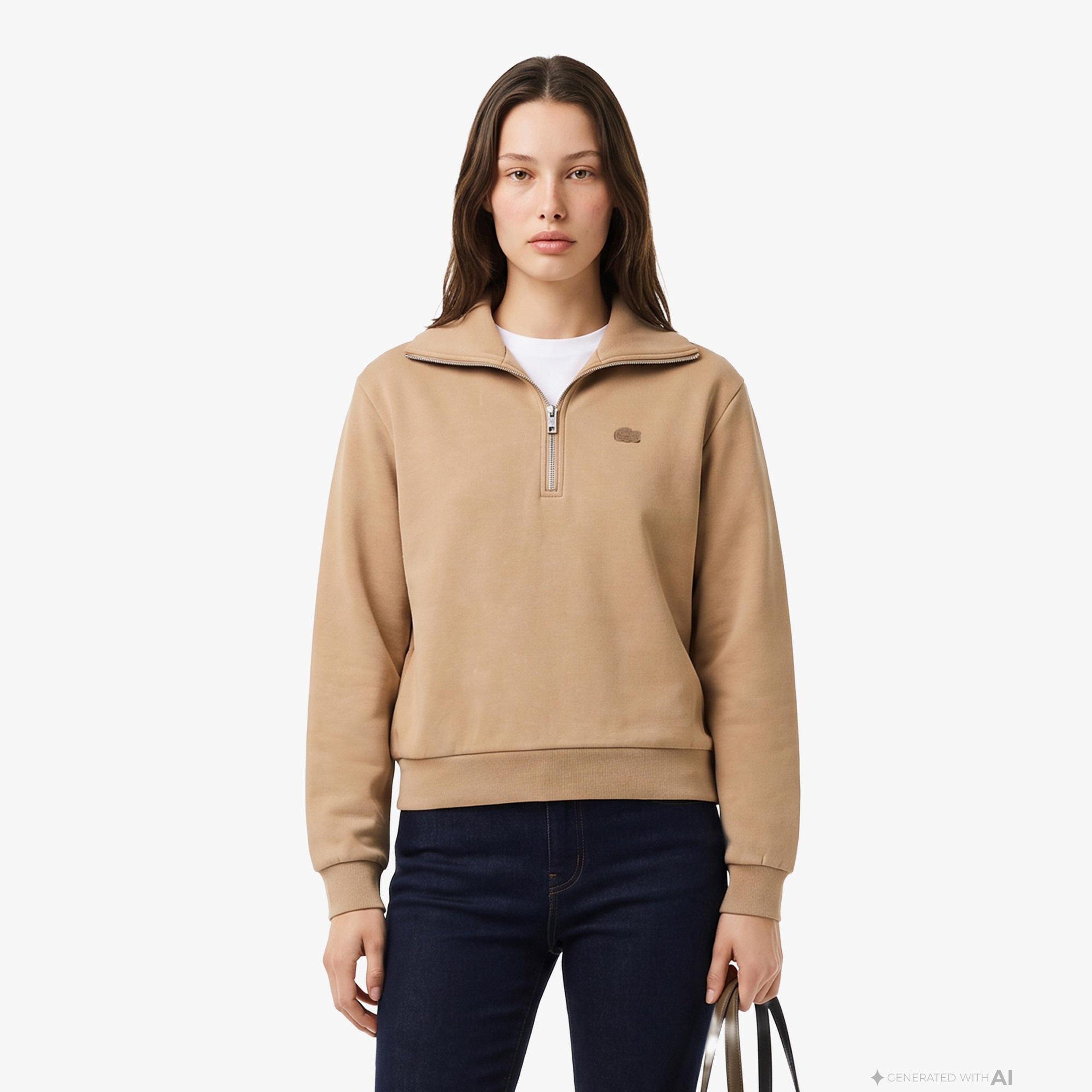 Kadın Relaxed Fit Yarım Fermuarlı Bej Sweatshirt