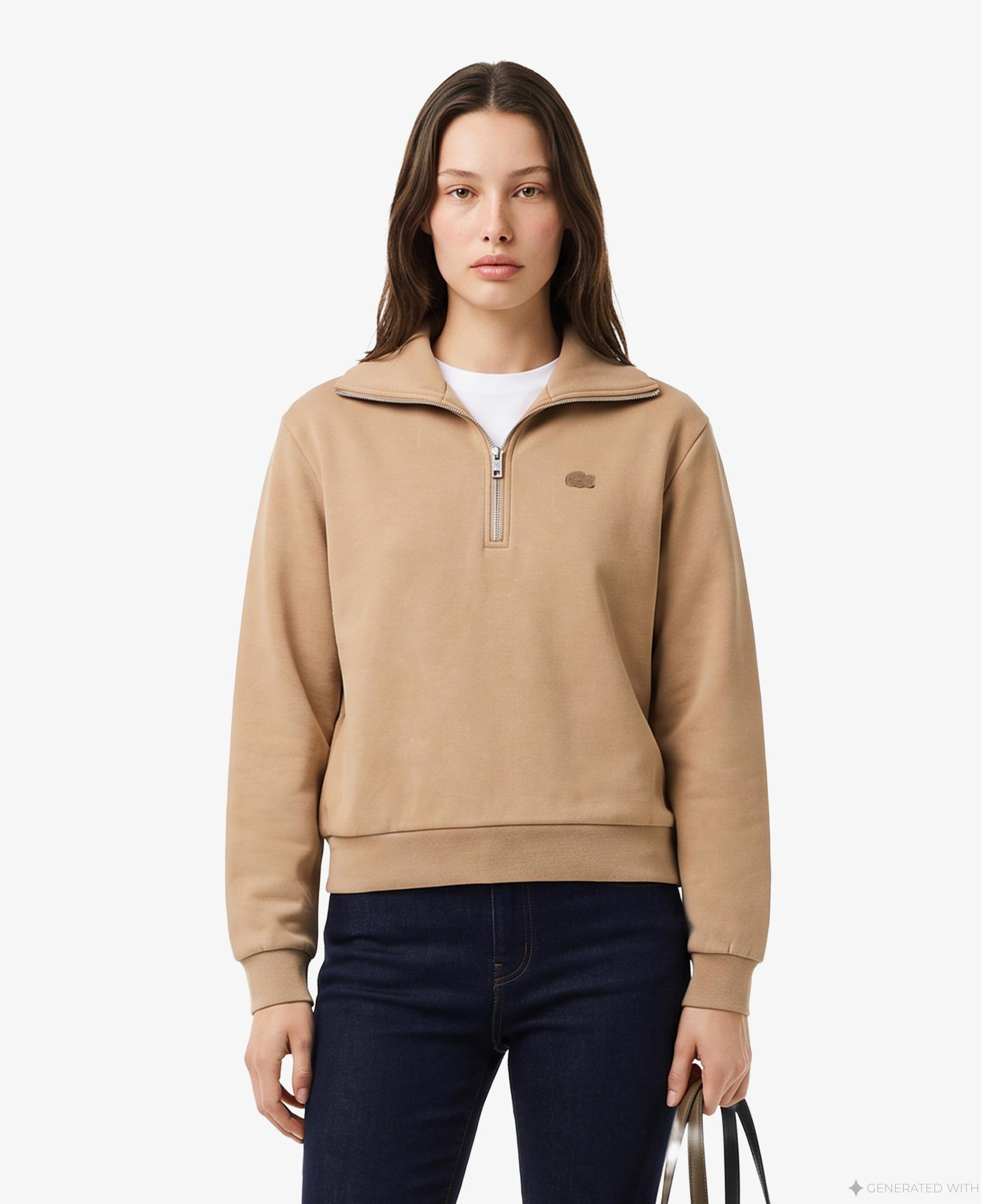 Kadın Relaxed Fit Yarım Fermuarlı Bej Sweatshirt