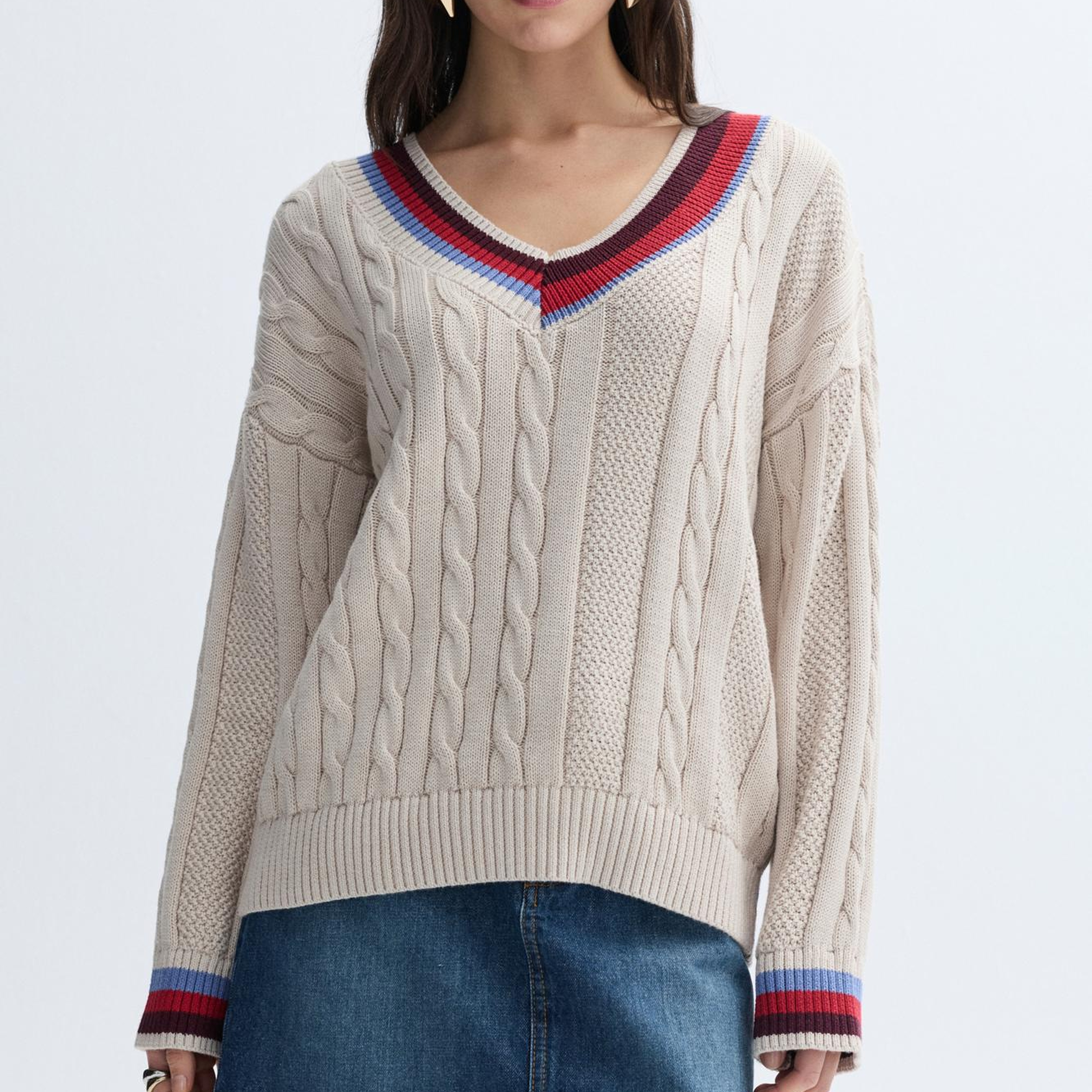 Kadın Ekru Çizgili Loose Fit V Yaka Kazak