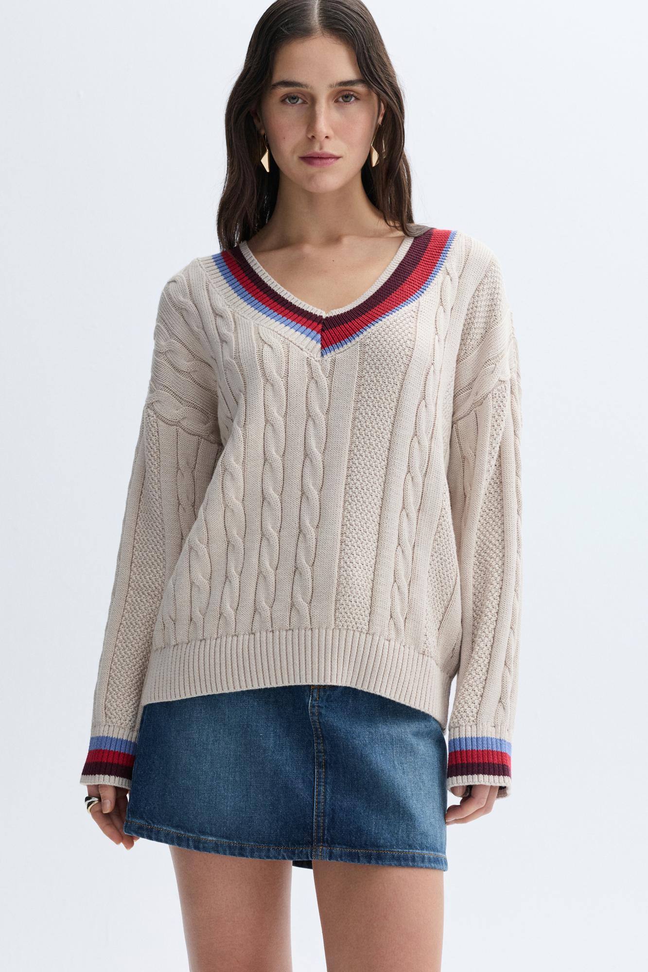 Kadın Ekru Çizgili Loose Fit V Yaka Kazak