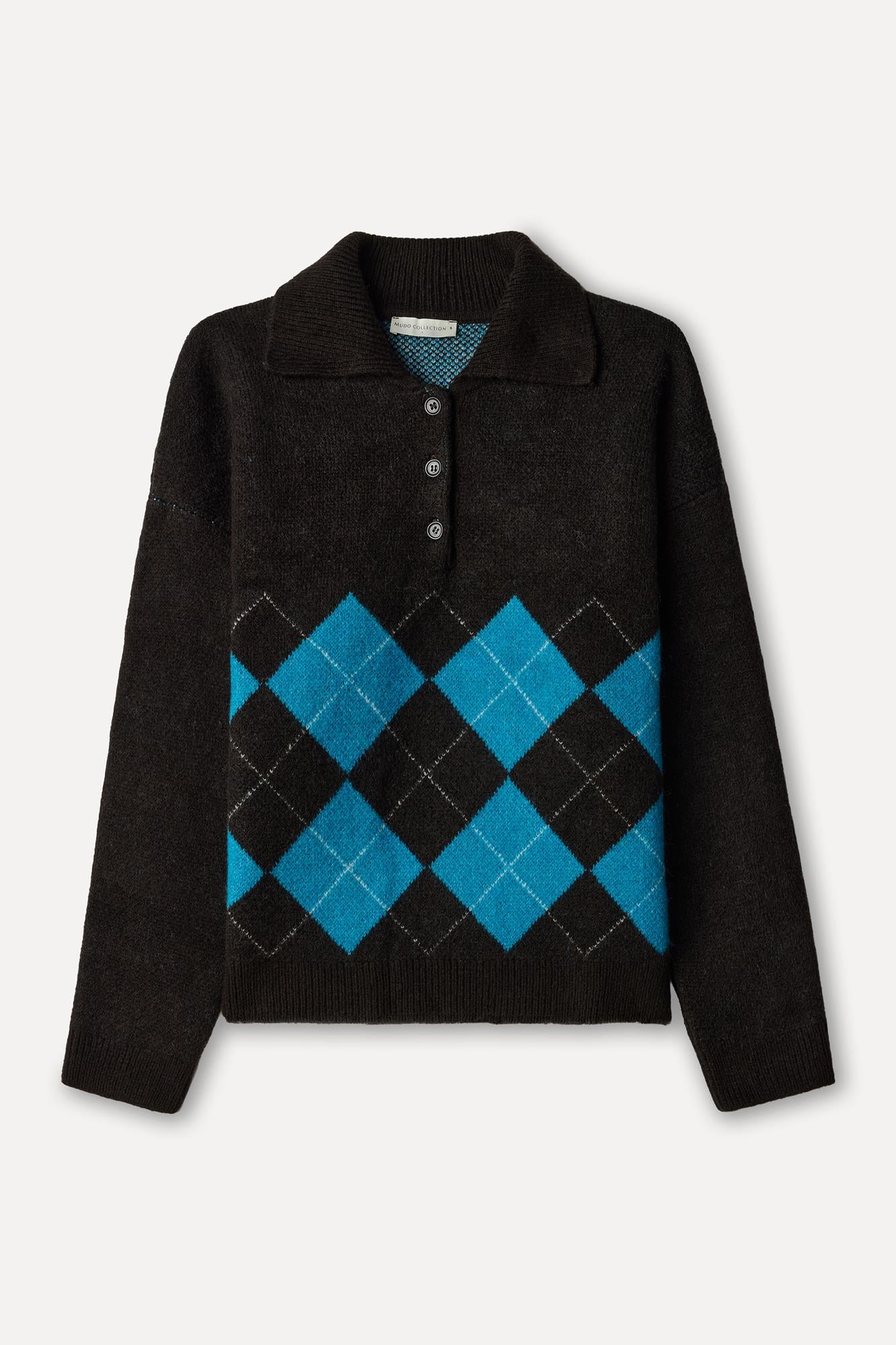 Kadın Kahverengi Baklava Desenli Loose Fit Polo Yaka Kazak