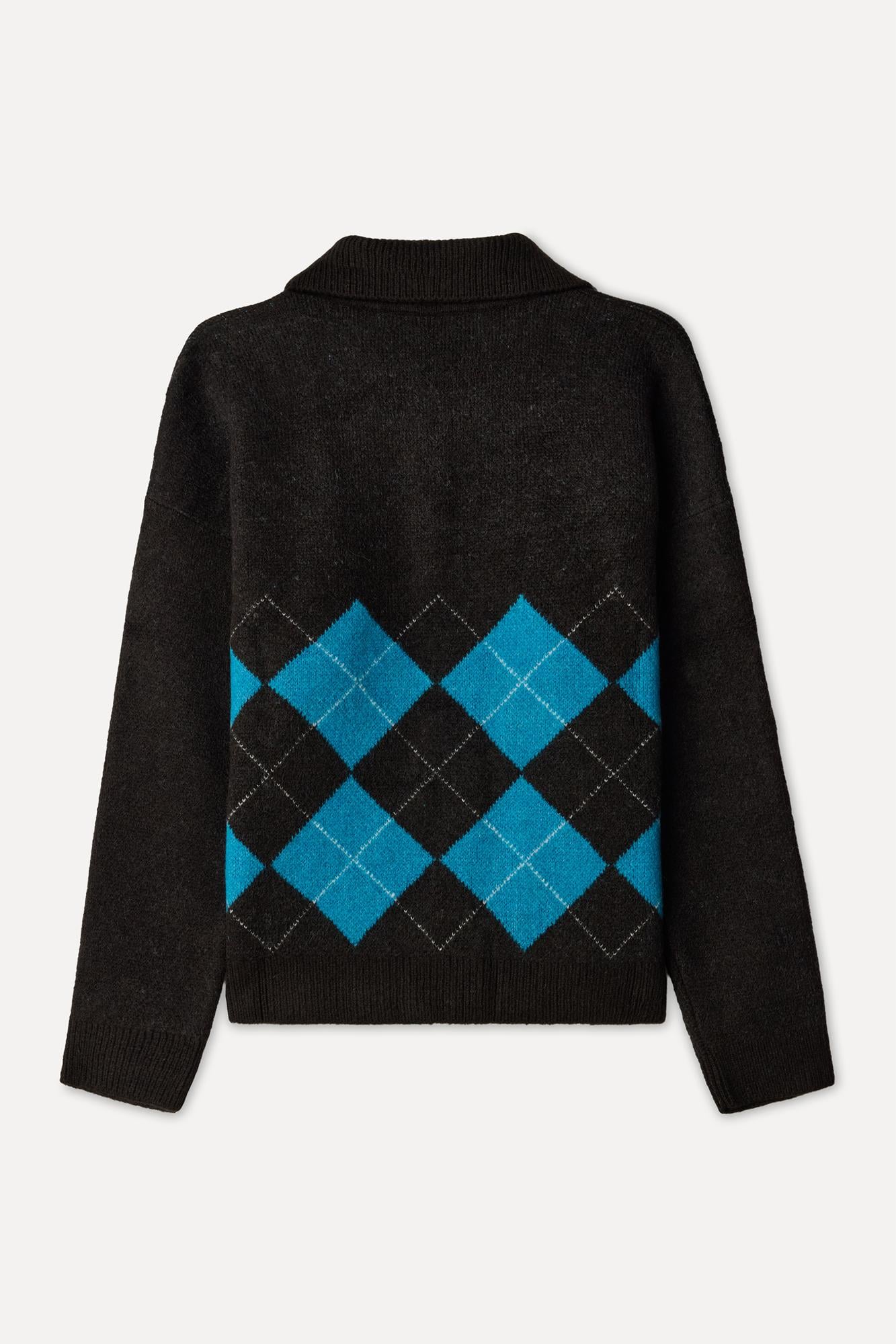 Kadın Kahverengi Baklava Desenli Loose Fit Polo Yaka Kazak