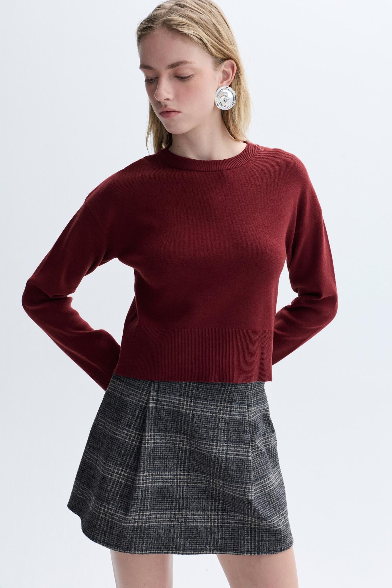 Kadın Bordo Loose Fit Bisiklet Yaka Kazak