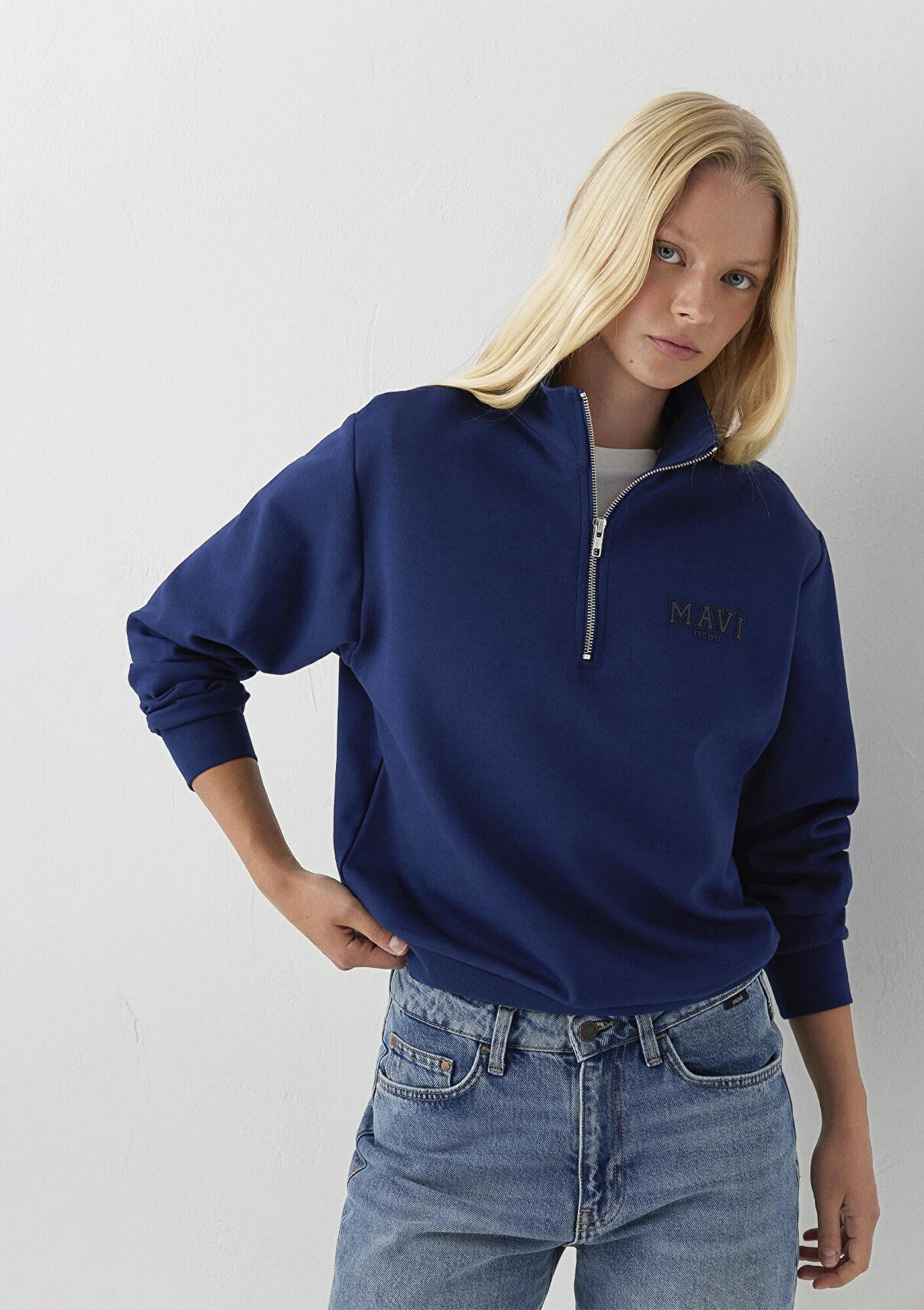 Mavi Mavi Logo Yarı Fermuarlı Lacivert Sweatshirt 1S10586-70491