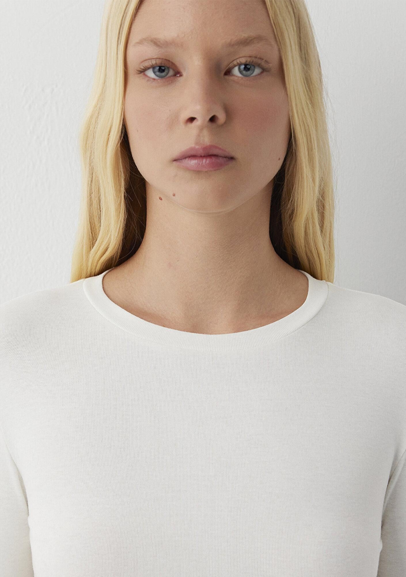 Mavi Uzun Kollu Ekru Crop Basic Tişört Crop / Kısa Kesim 1612822-70048