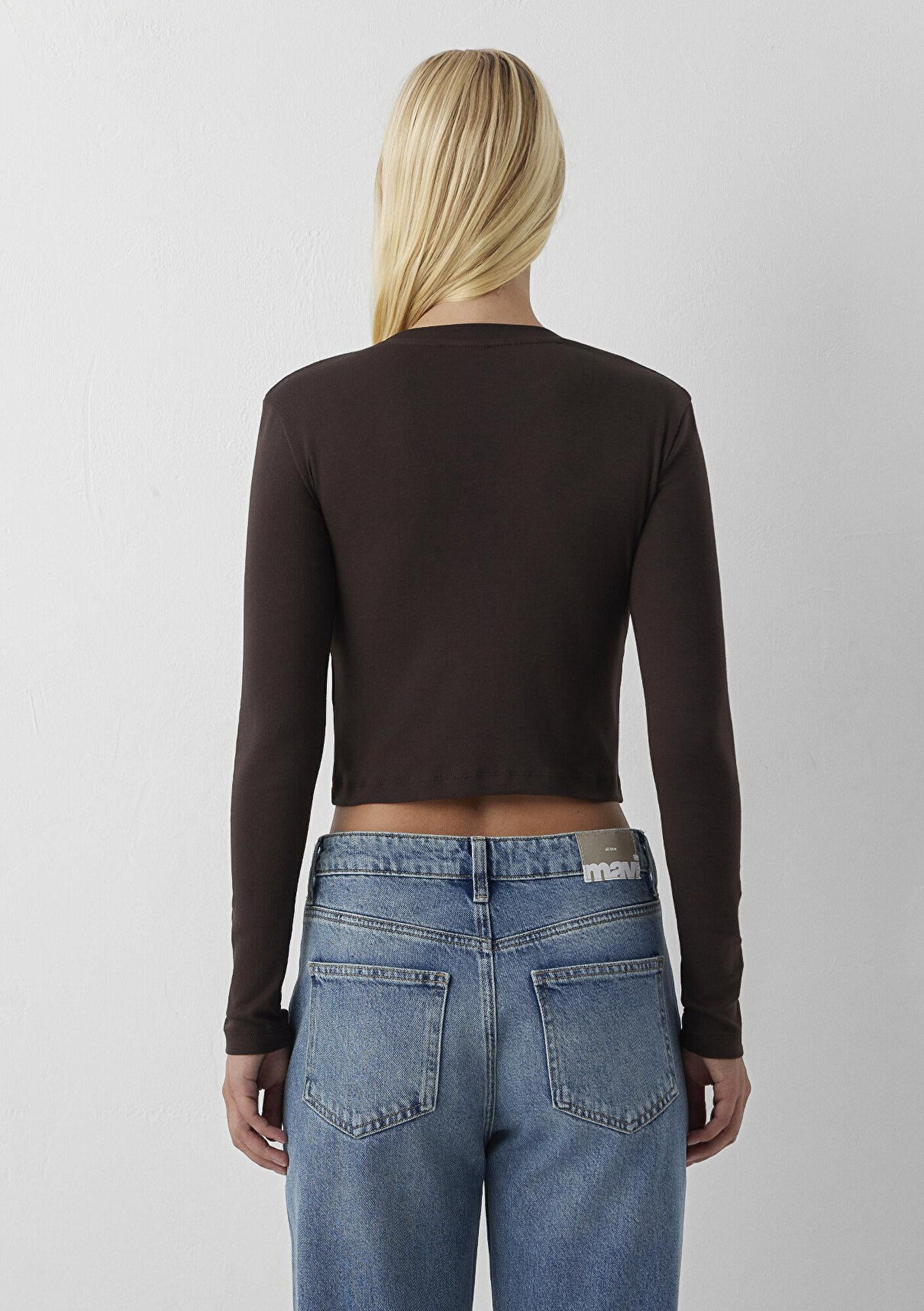 Mavi Uzun Kollu Kahverengi Crop Basic Tişört Crop / Kısa Kesim 1612822-70240
