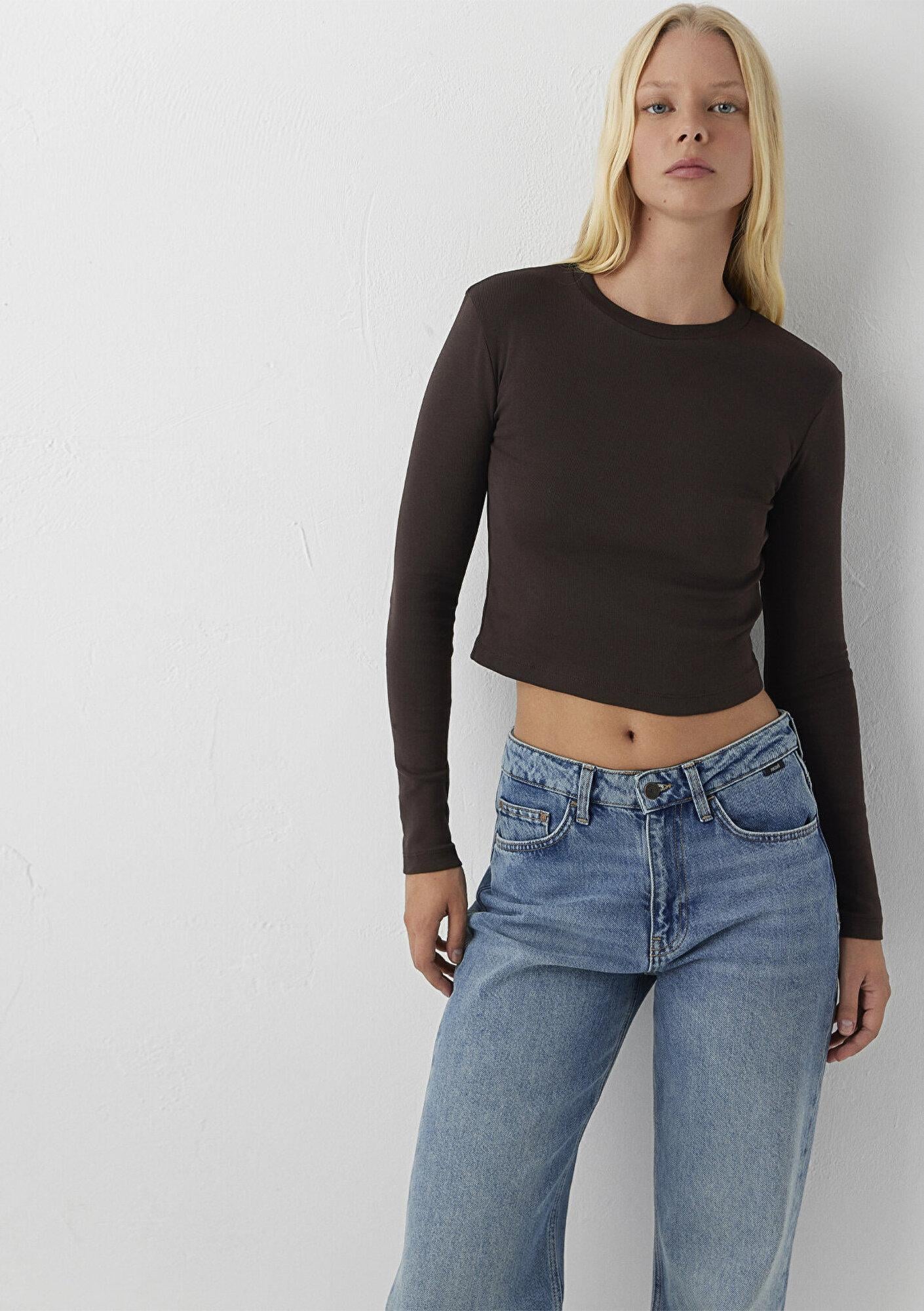 Mavi Uzun Kollu Kahverengi Crop Basic Tişört Crop / Kısa Kesim 1612822-70240