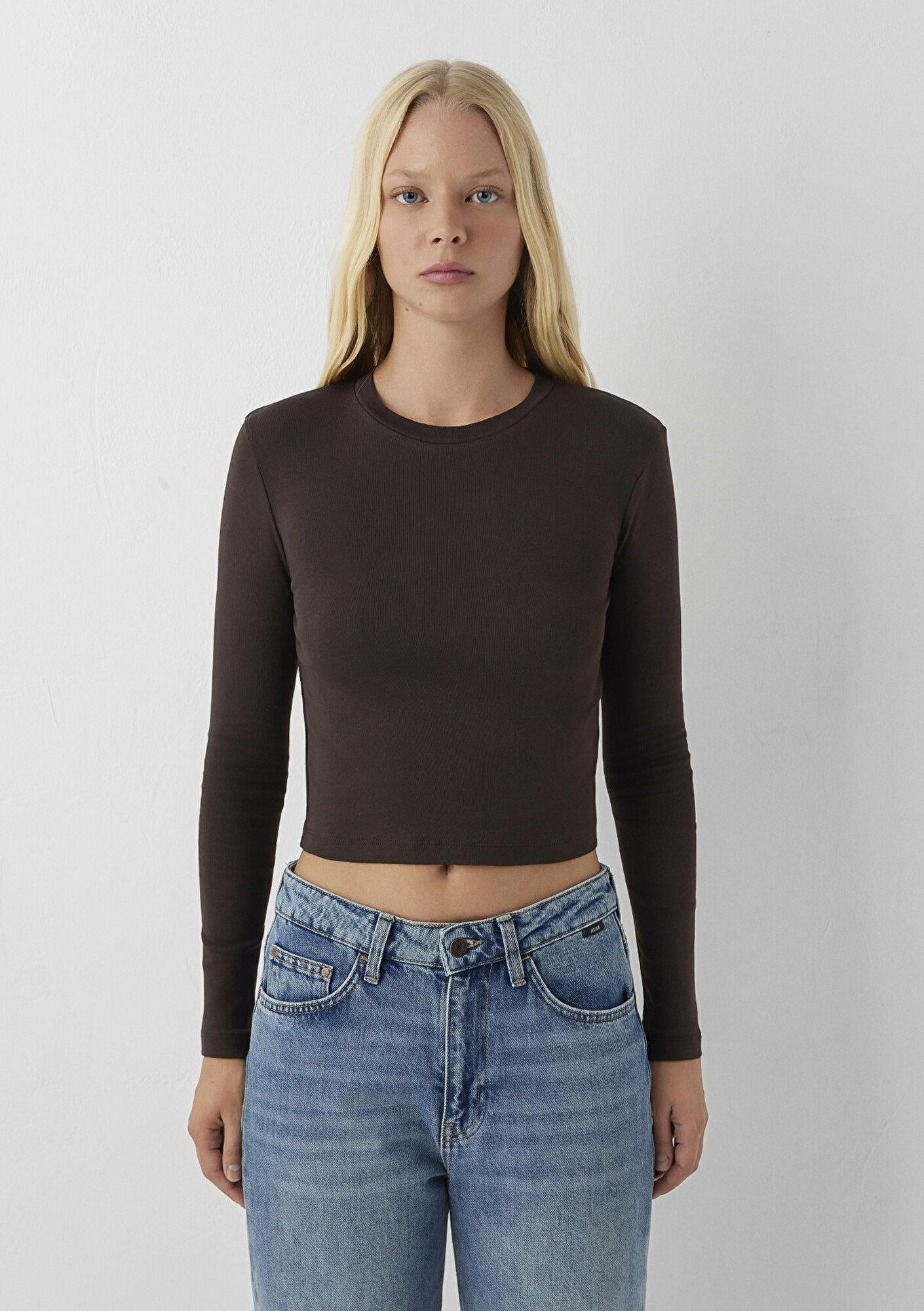 Mavi Uzun Kollu Kahverengi Crop Basic Tişört Crop / Kısa Kesim 1612822-70240