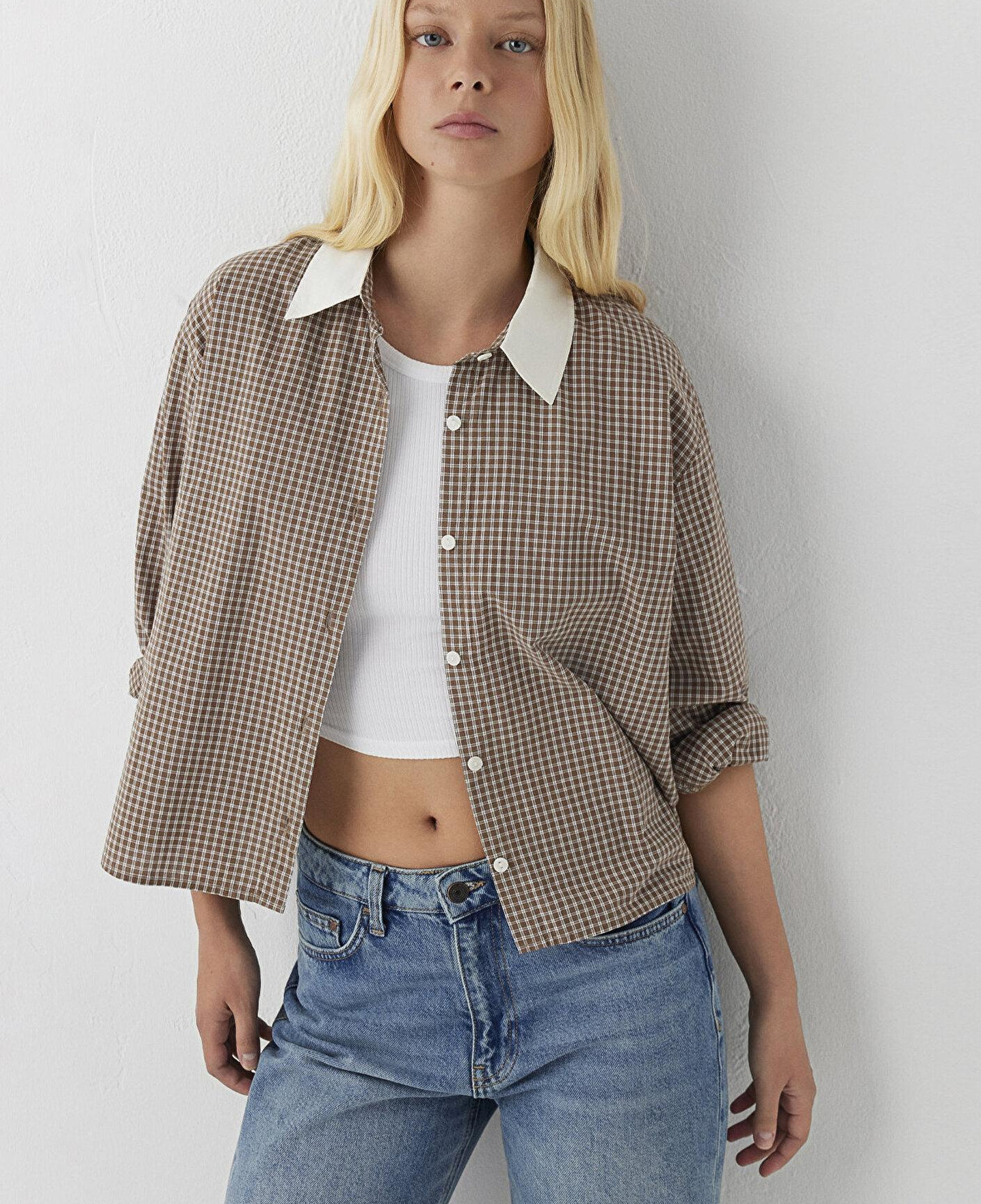 Mavi Kareli Kahverengi Gömlek Loose Fit / Bol Rahat Kesim 1220412-A6844