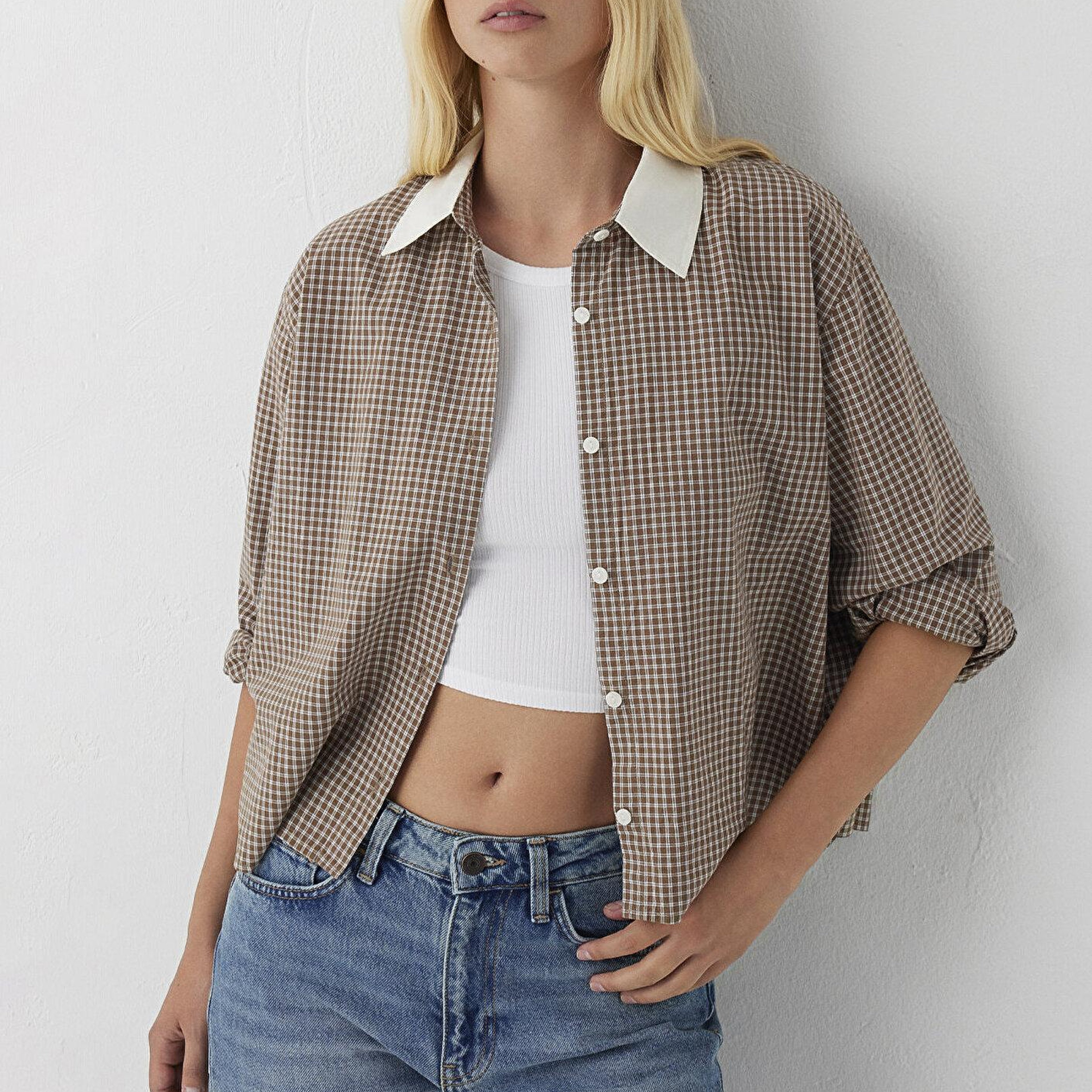 Mavi Kareli Kahverengi Gömlek Loose Fit / Bol Rahat Kesim 1220412-A6844