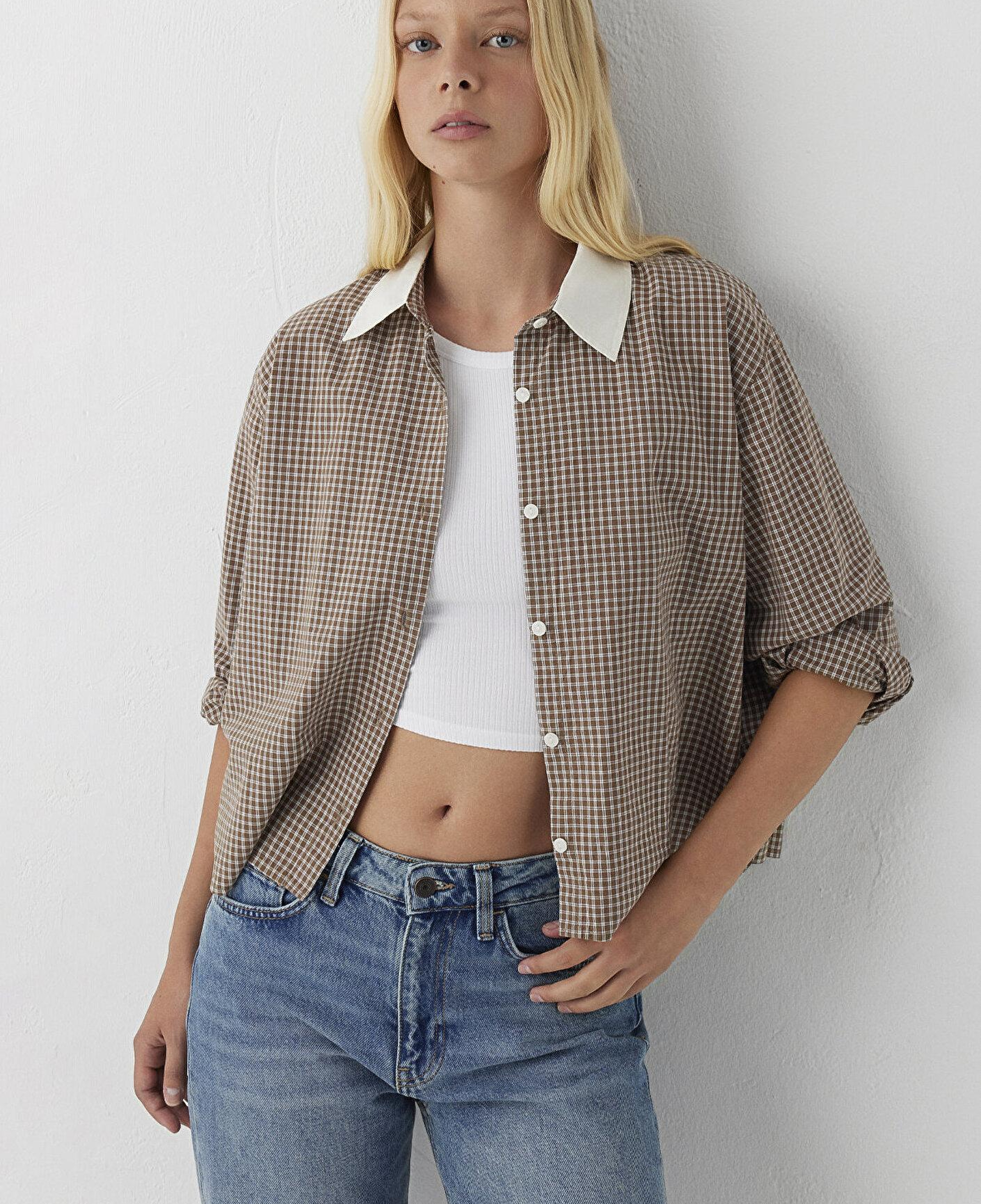 Mavi Kareli Kahverengi Gömlek Loose Fit / Bol Rahat Kesim 1220412-A6844