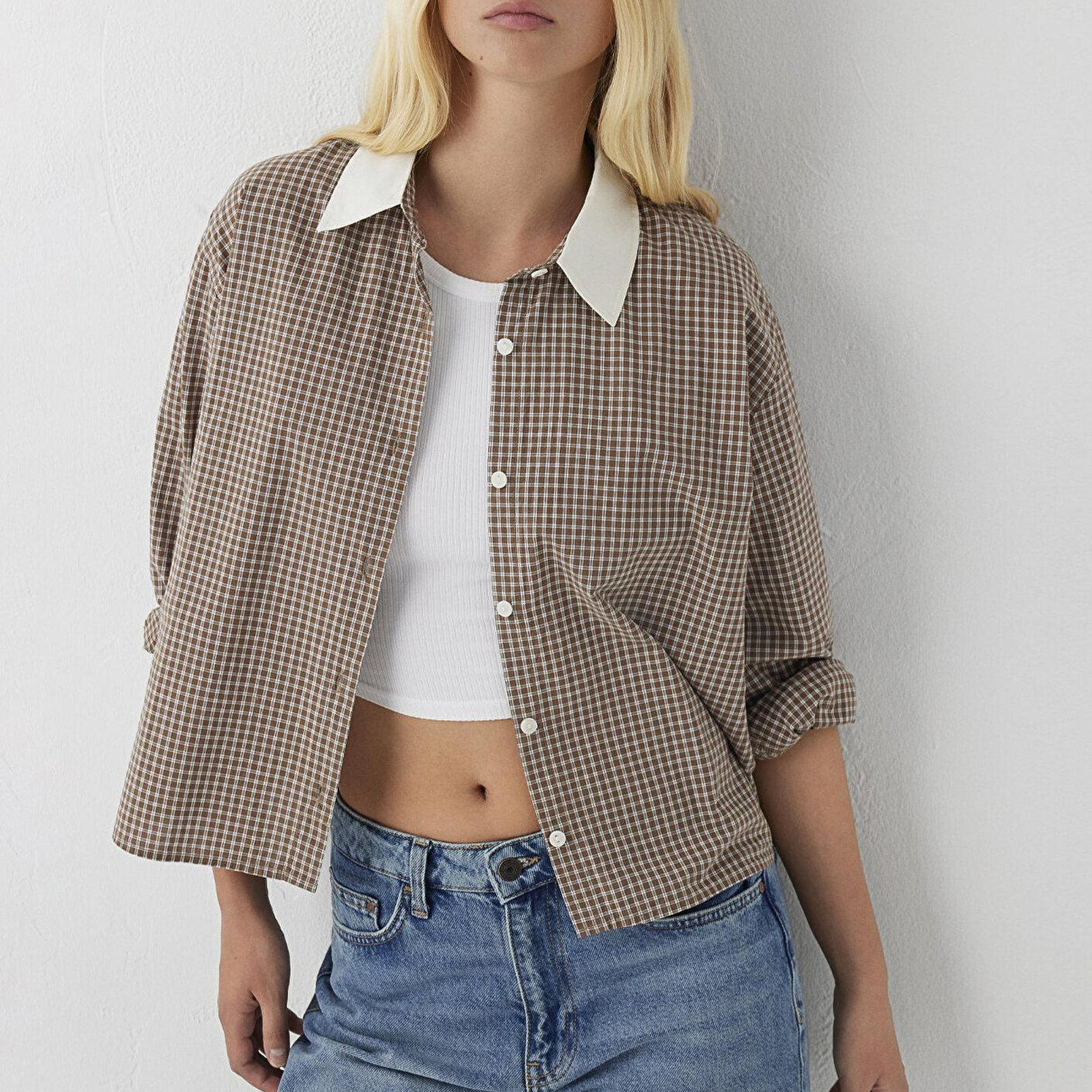 Mavi Kareli Kahverengi Gömlek Loose Fit / Bol Rahat Kesim 1220412-A6844