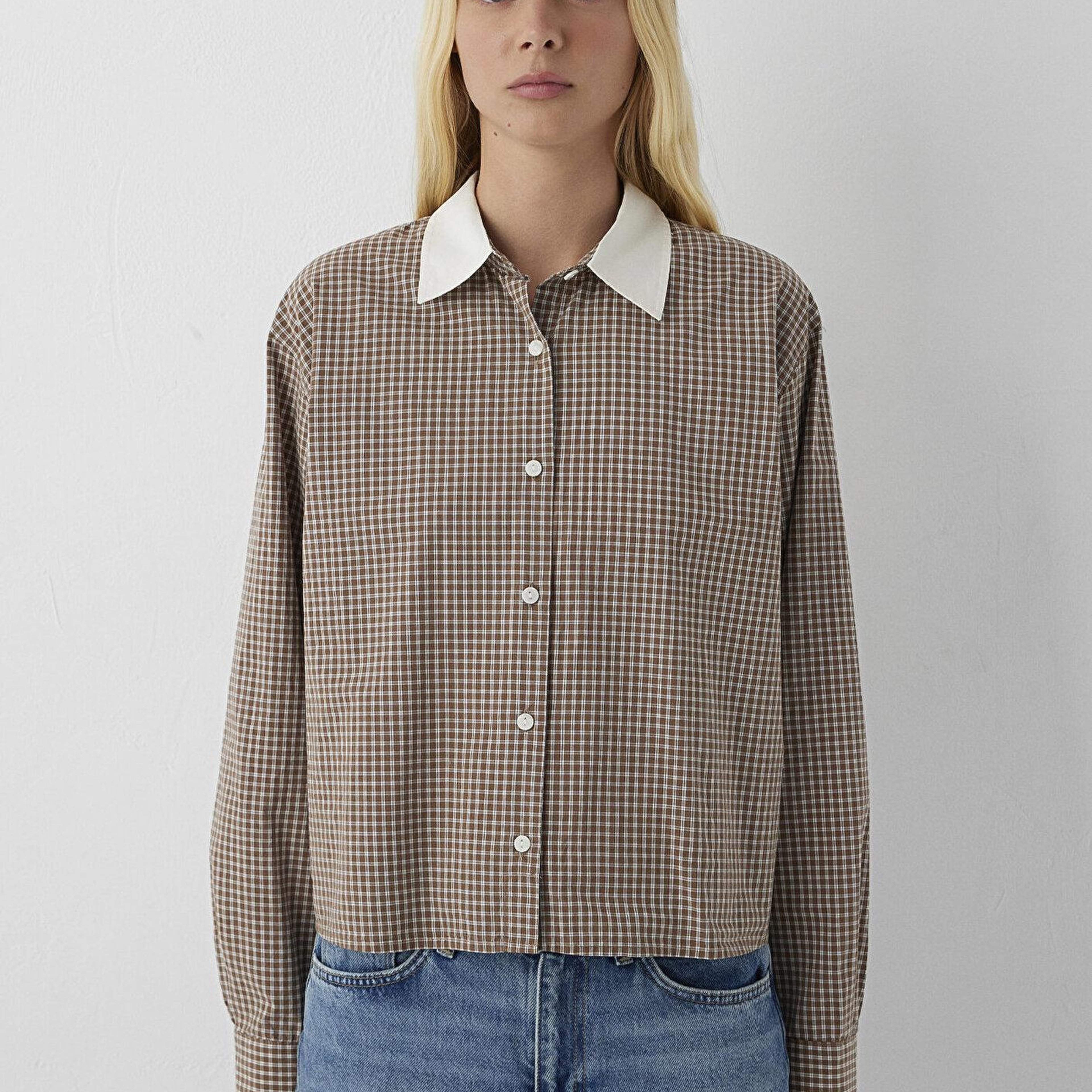 Mavi Kareli Kahverengi Gömlek Loose Fit / Bol Rahat Kesim 1220412-A6844