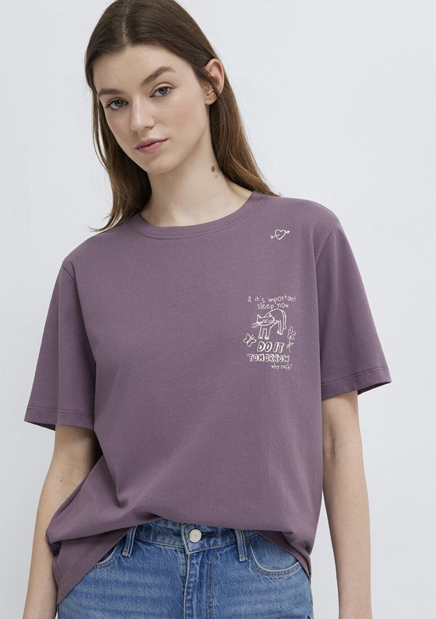 Mavi Kedi Baskılı Mor Tişört Regular Fit / Normal Kesim 1613875-70648